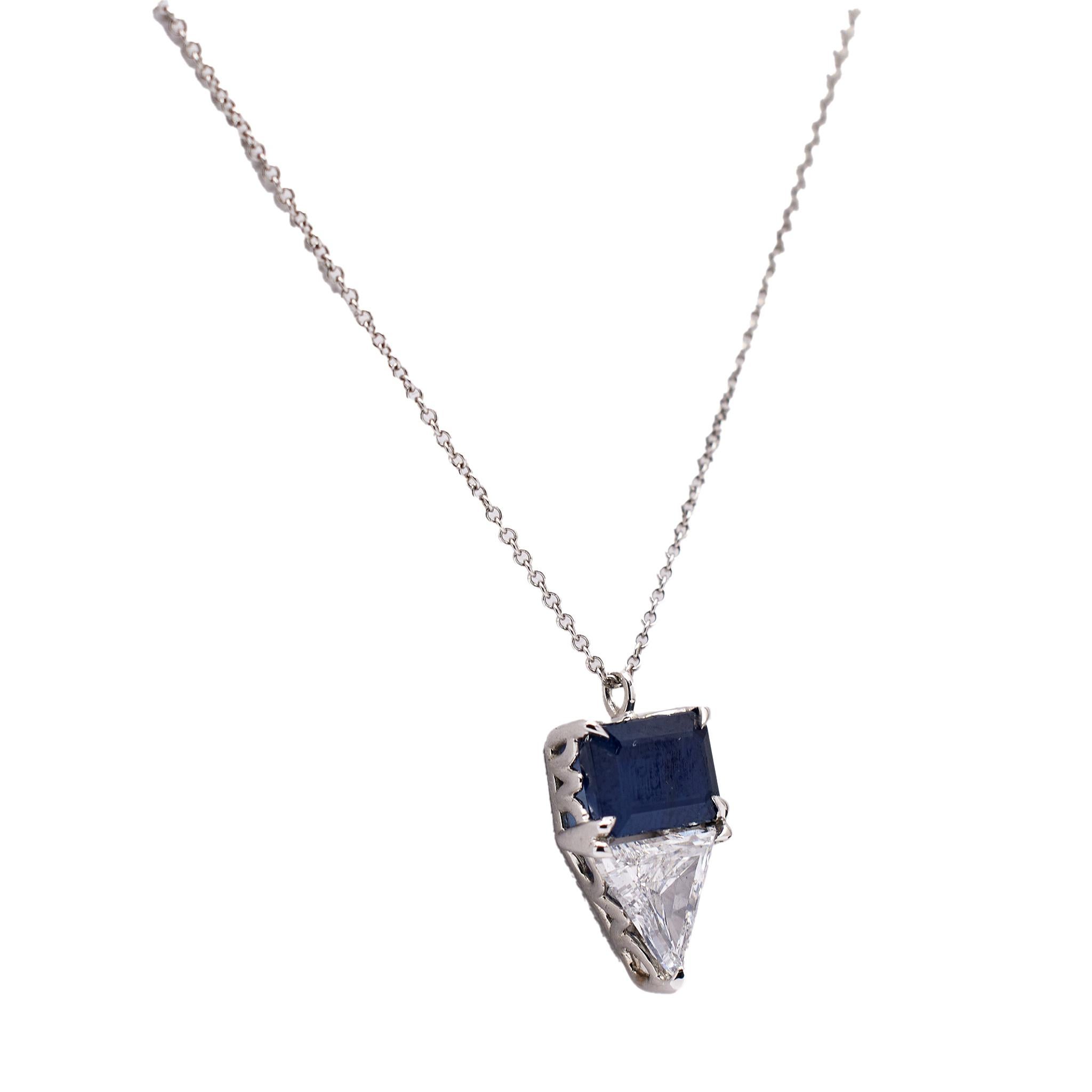 Women's or Men's Italian Diamond Sapphire 18k White Gold Necklace For Sale