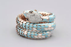 Italian Diamond Sapphire 18k White Gold Silver Enamel Snake Watch Bracelet