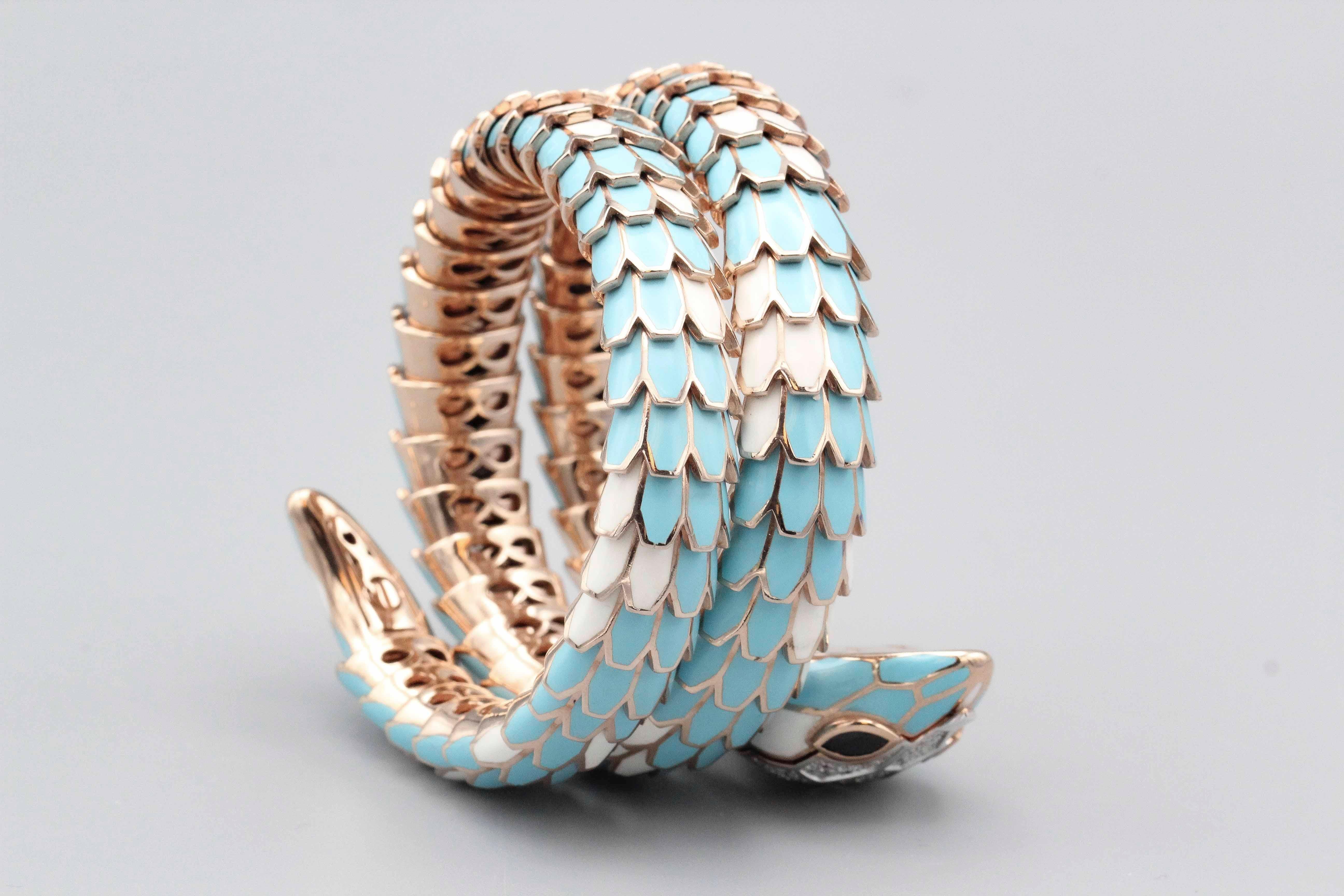 Round Cut Italian Diamond Sapphire 18k White Gold Silver Enamel Snake Watch Bracelet