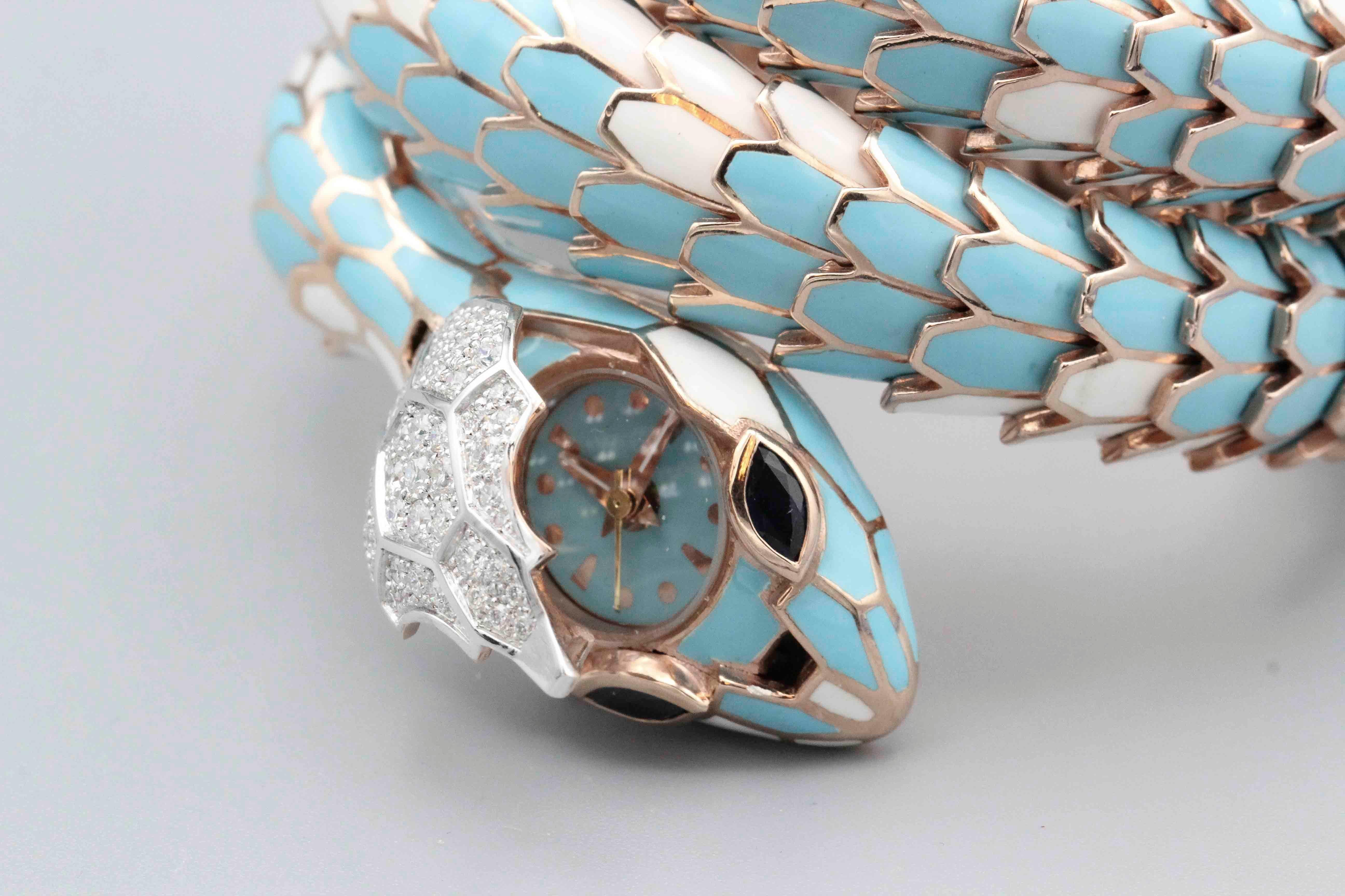 Italian Diamond Sapphire 18k White Gold Silver Enamel Snake Watch Bracelet In Good Condition In New York, NY