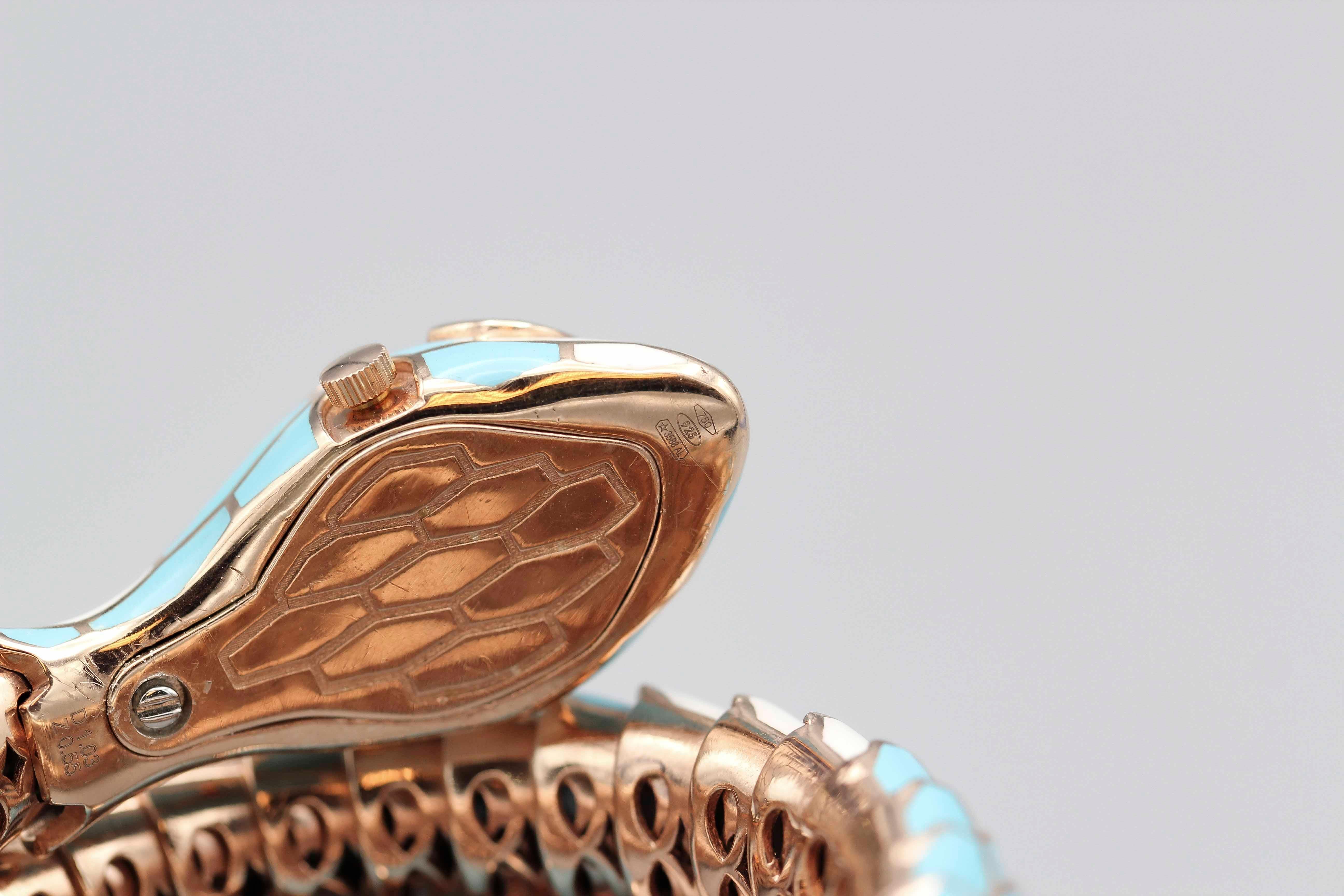 Women's or Men's Italian Diamond Sapphire 18k White Gold Silver Enamel Snake Watch Bracelet