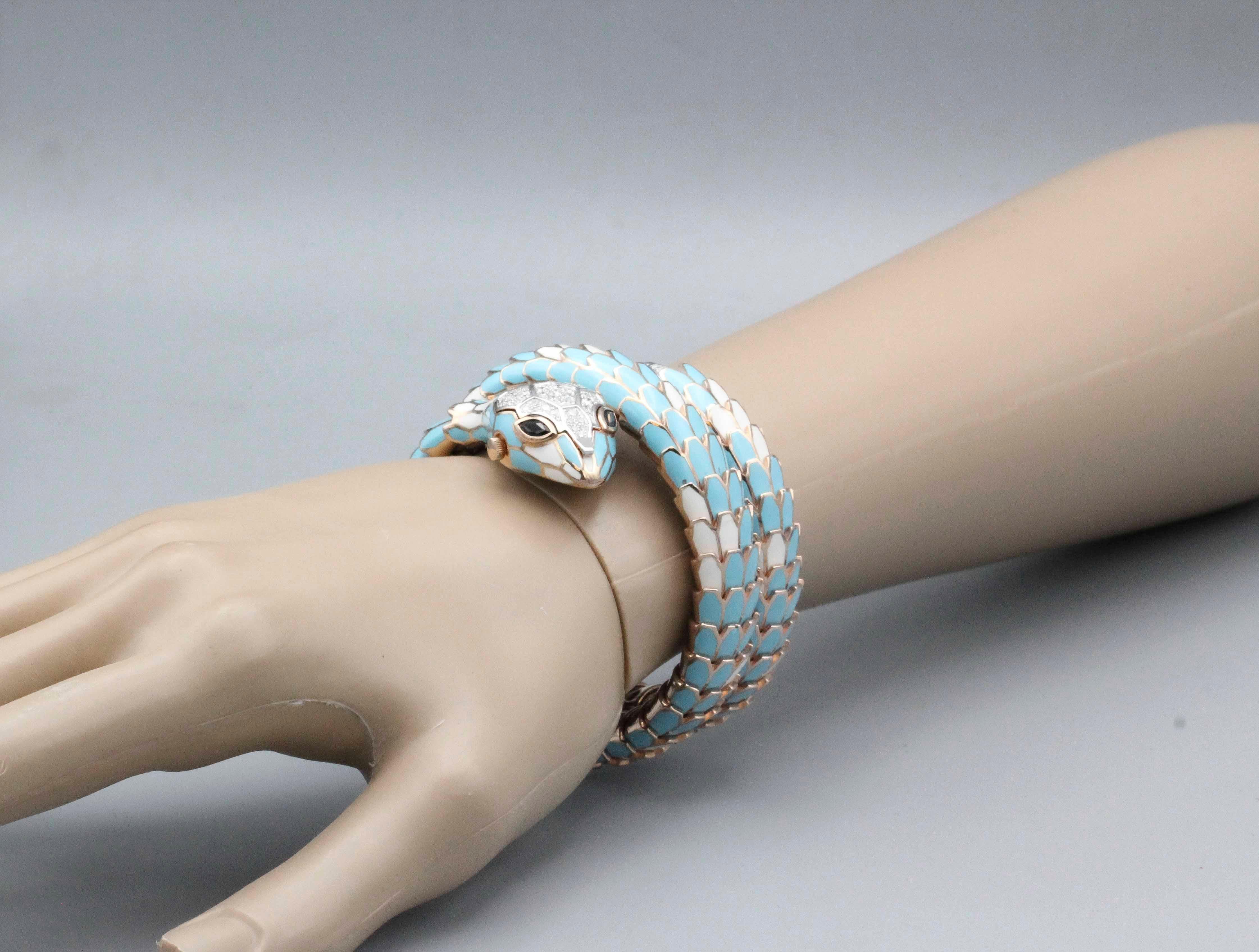 Italian Diamond Sapphire 18k White Gold Silver Enamel Snake Watch Bracelet 1
