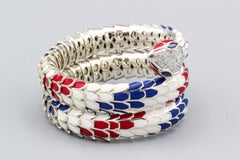 Italian Diamond Sapphire 18k White Gold Silver Patriotic Snake Wrap Bracelet
