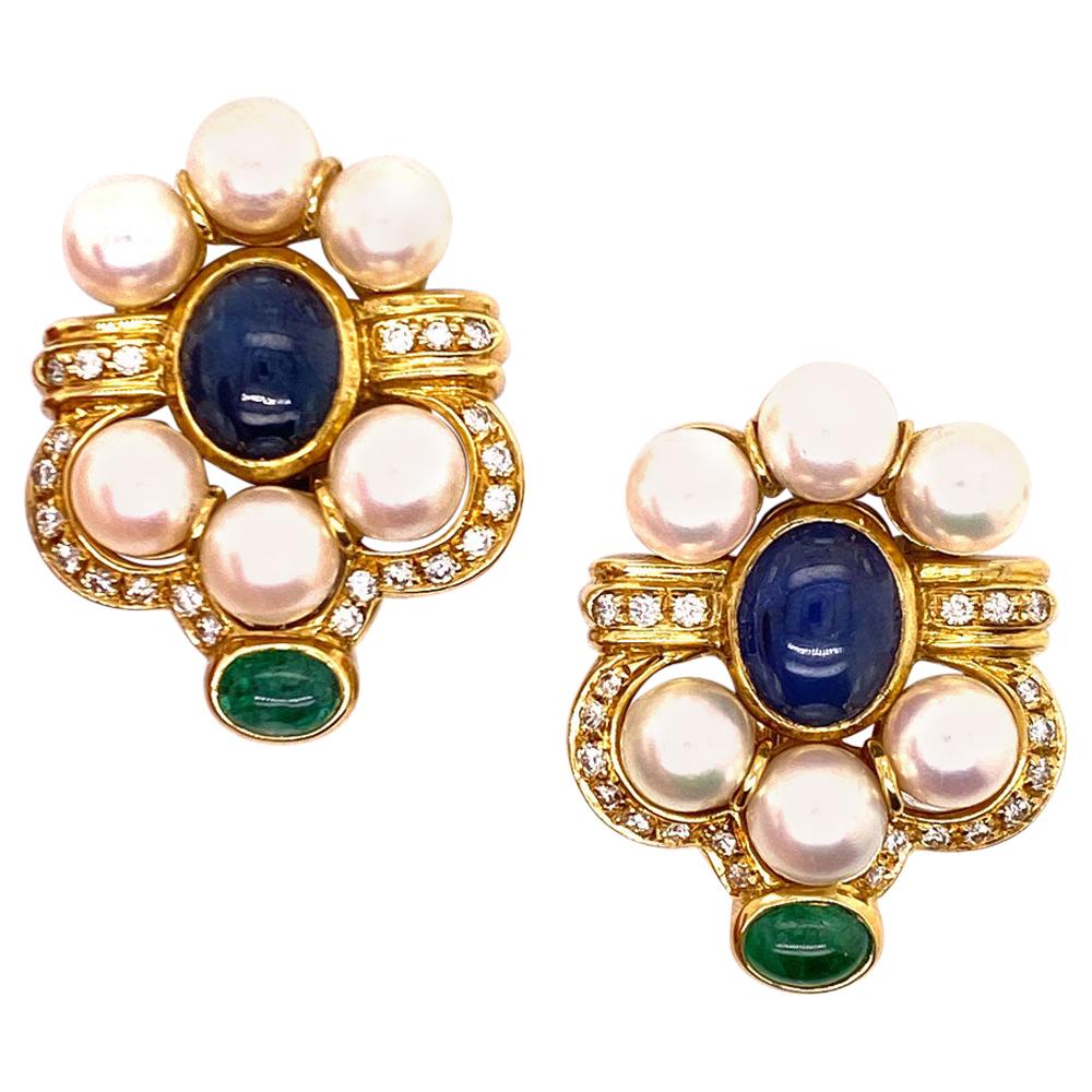 Italian Diamond Sapphire Emerald Pearl 18 Karat Gold Earrings Signed Giovanni