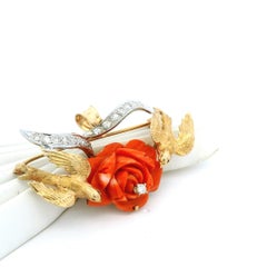 Italian Diamond Sardinian Coral Dove Brooch Pendant in 18K Gold Platinum