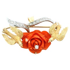 Italian Diamond Sardinian Coral Dove Brooch Pendant in 18K Gold Platinum