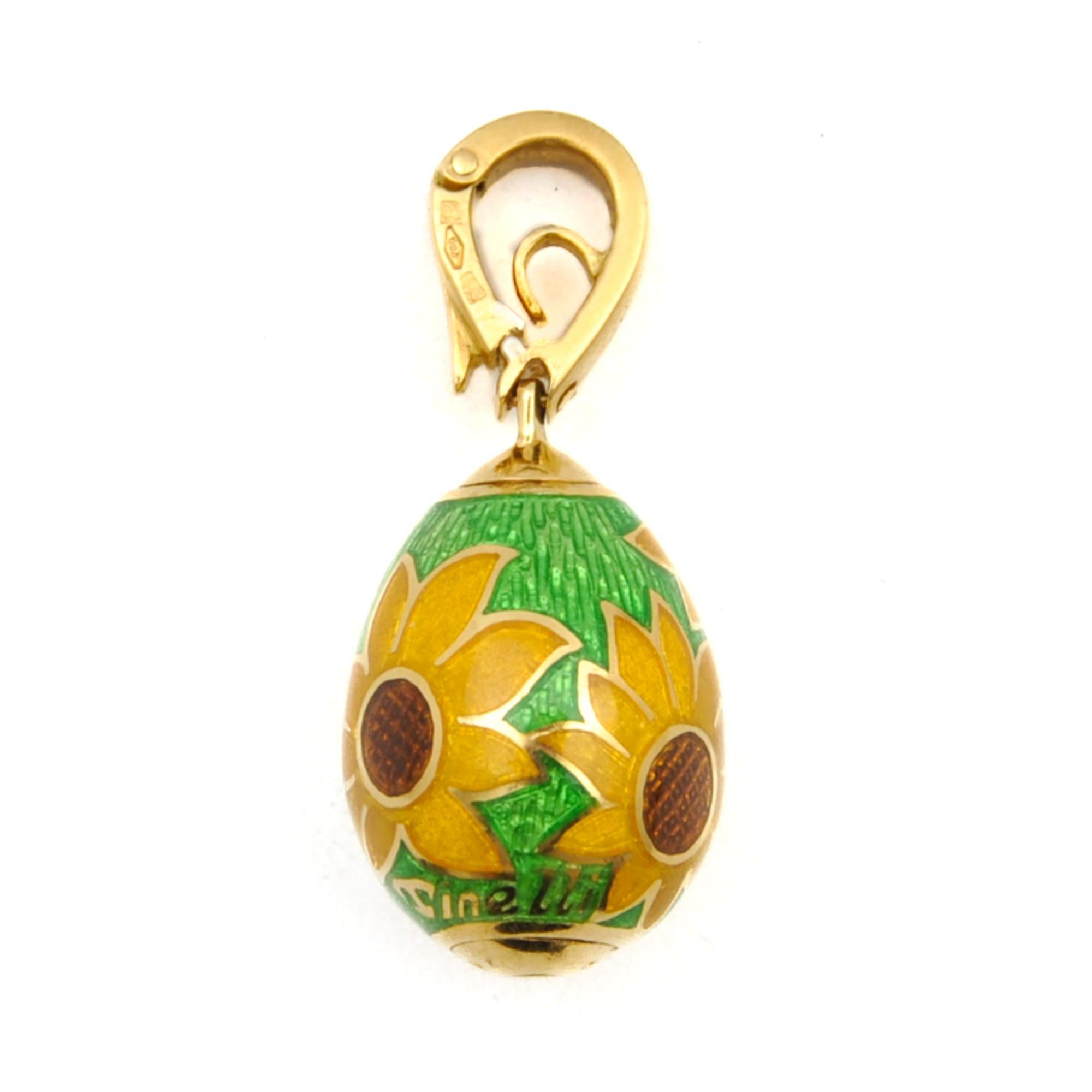 Women's or Men's Italian Egg Diamond Sunflower Enamel 18k Gold Pendant For Sale