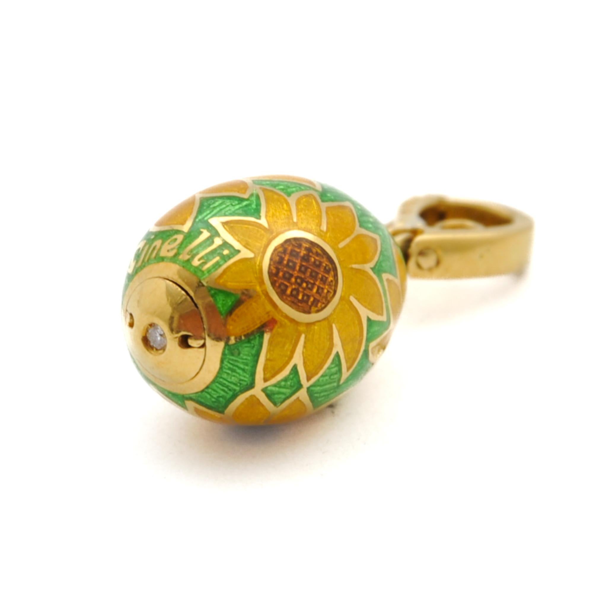 Italian Egg Diamond Sunflower Enamel 18k Gold Pendant For Sale 1