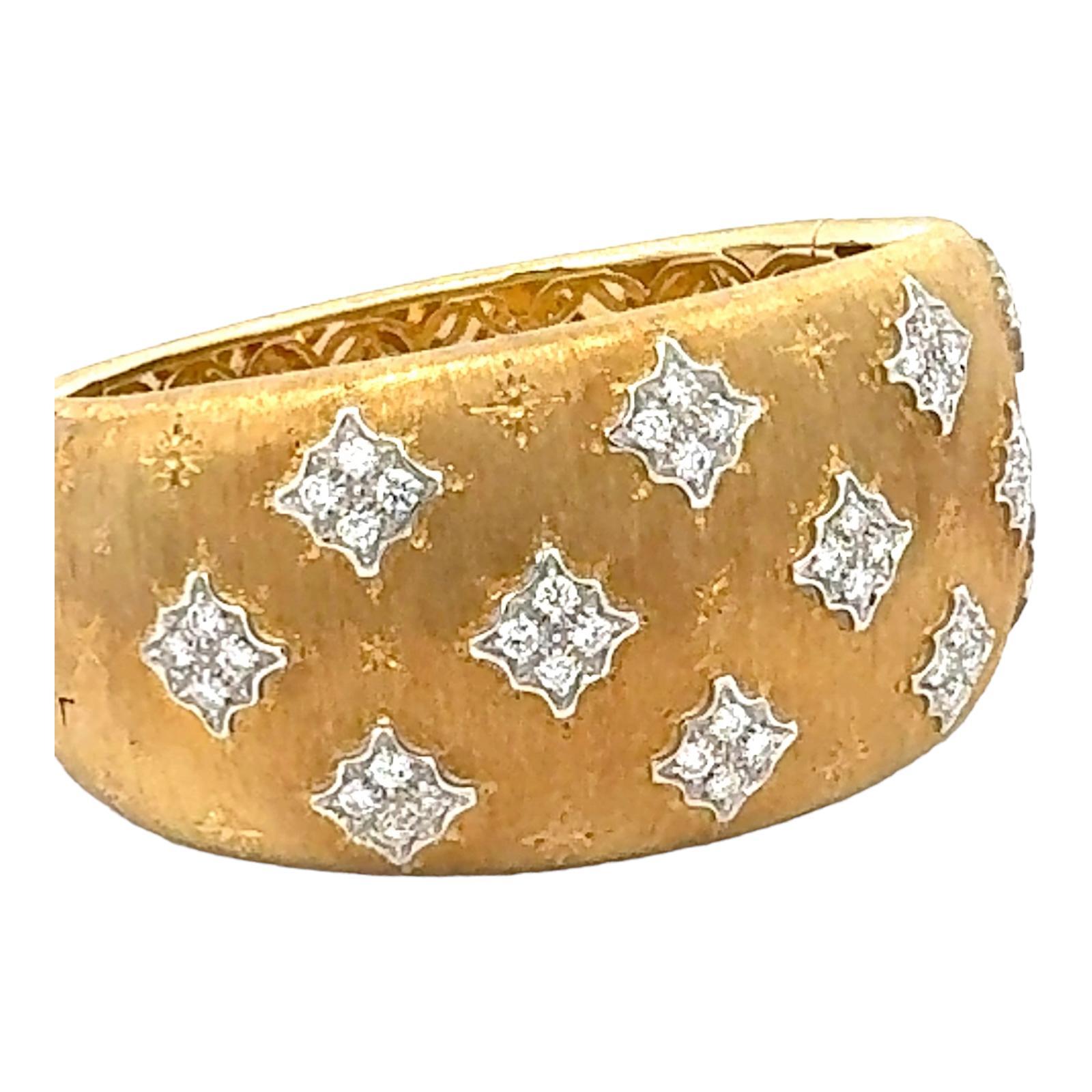 Women's Italian Diamond Textured 18 Karat Two Tone Gold Wide Hinged Bangle Bracelet