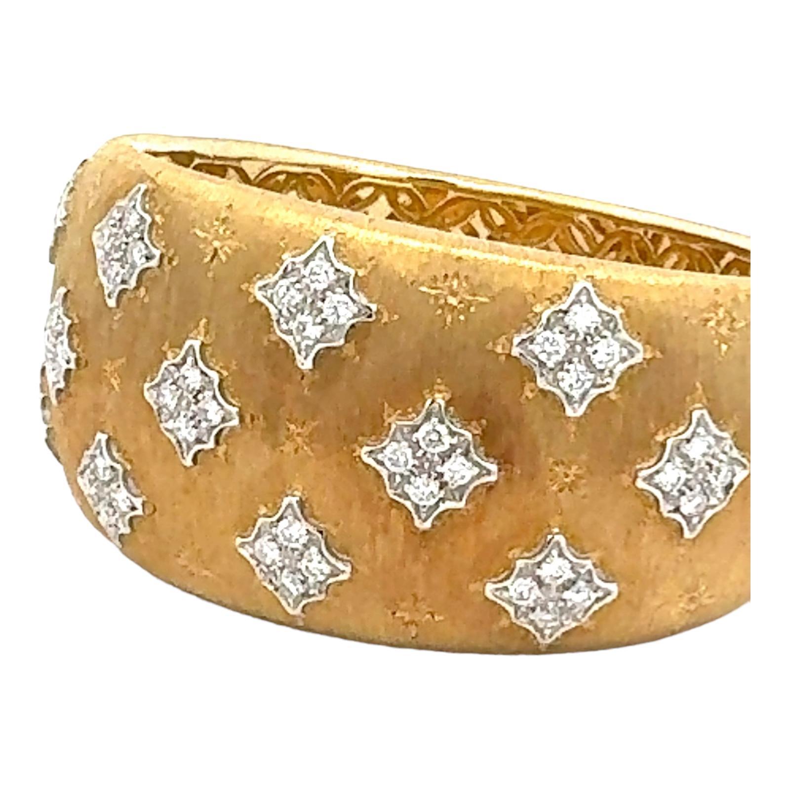 Italian Diamond Textured 18 Karat Two Tone Gold Wide Hinged Bangle Bracelet 1