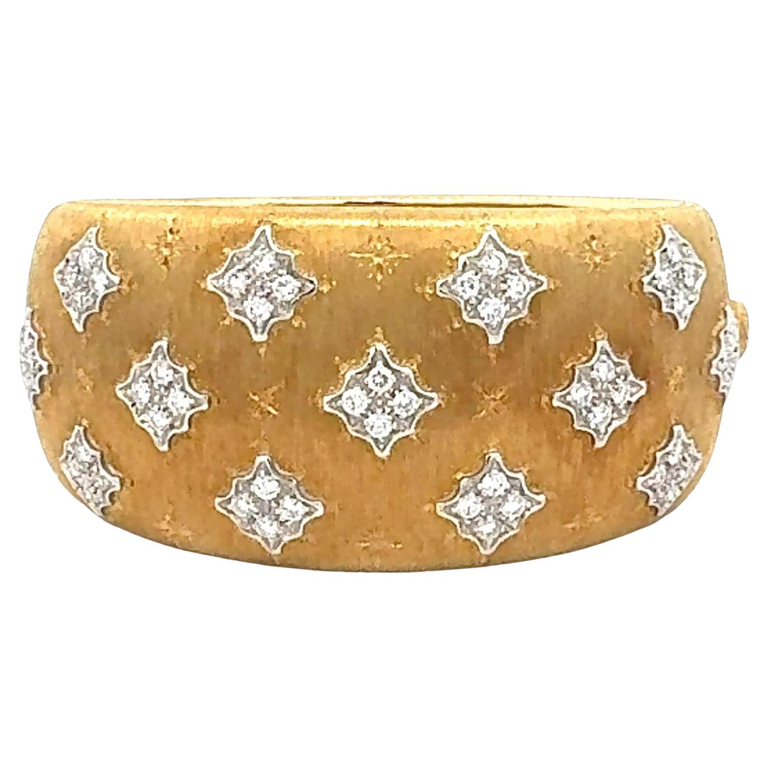Italian Diamond Textured 18 Karat Two Tone Gold Wide Hinged Bangle Bracelet