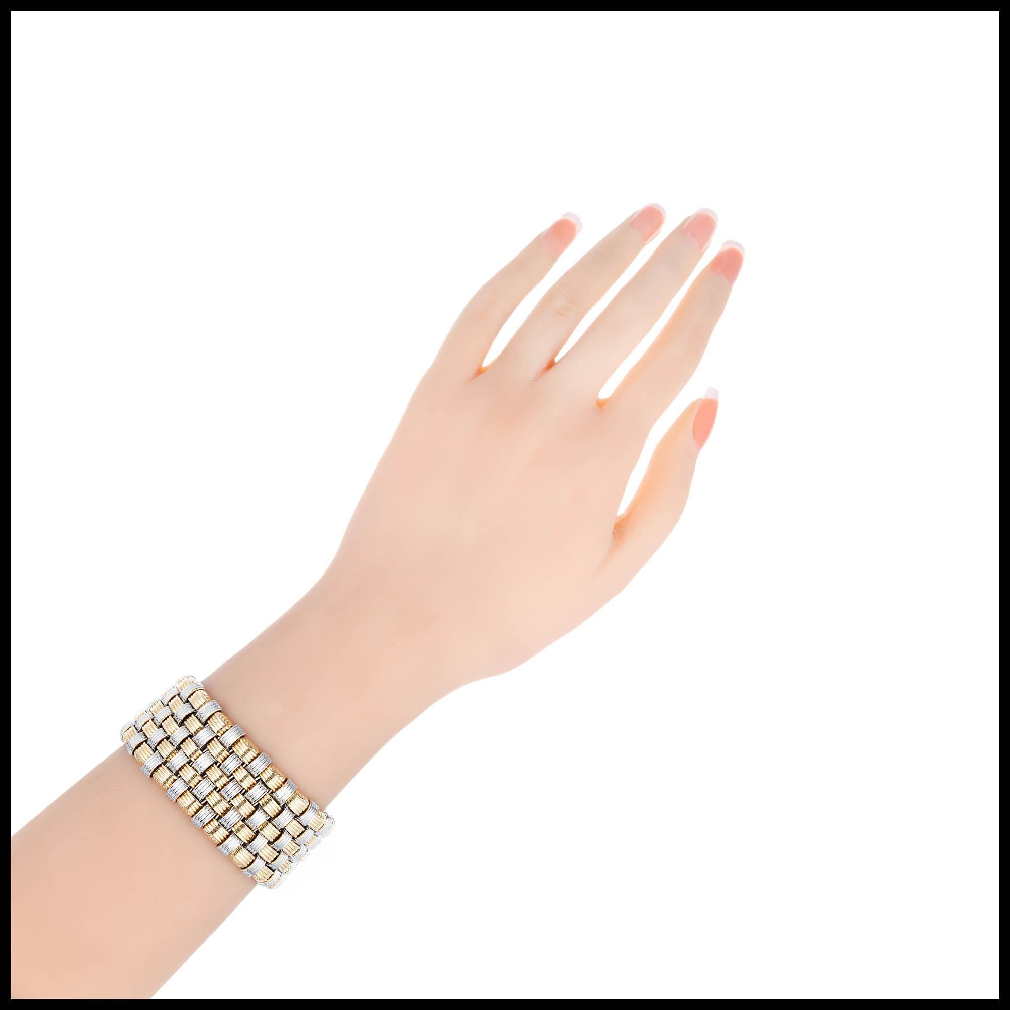 Modern Italian Diamond Wide Two-Color Gold Mesh Bracelet