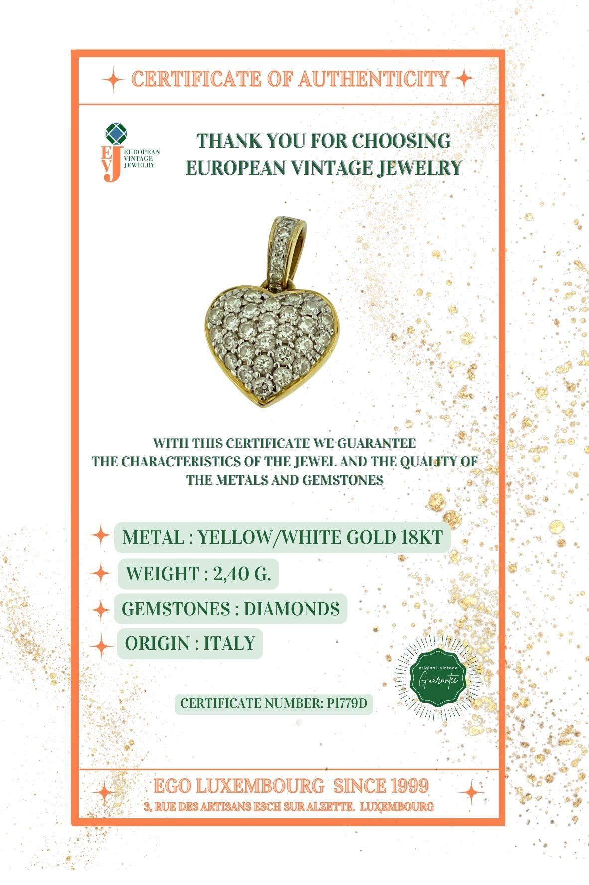 Italian Diamonds Heart Pendant 18 karat Yellow and White Gold For Sale 2