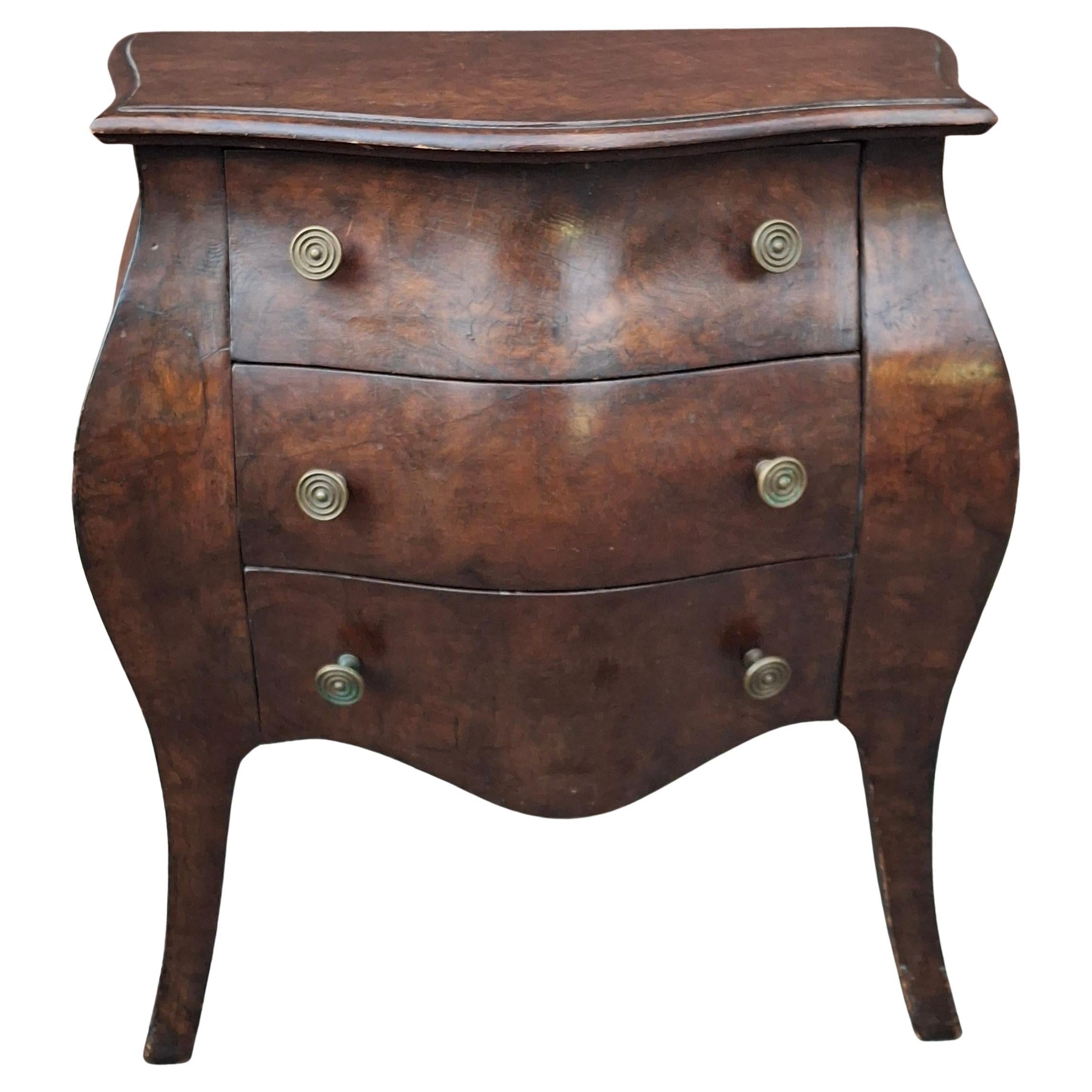 Italian Diminutive Walnut Hardwood Three-Drawer Bombe Side Chest