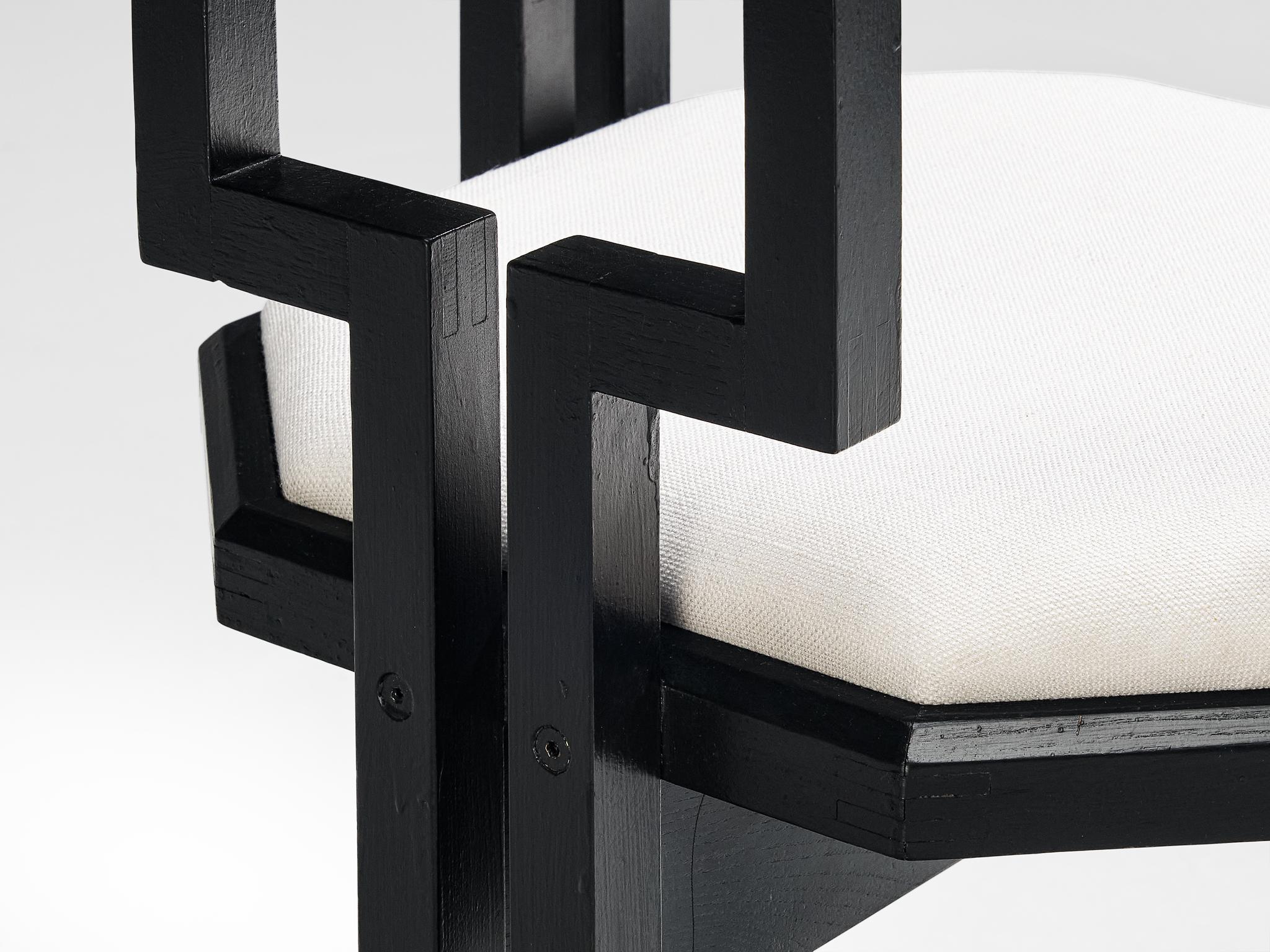Mid-Century Modern Italian Dining Chair in Black Lacquered Oak and White Upholstery