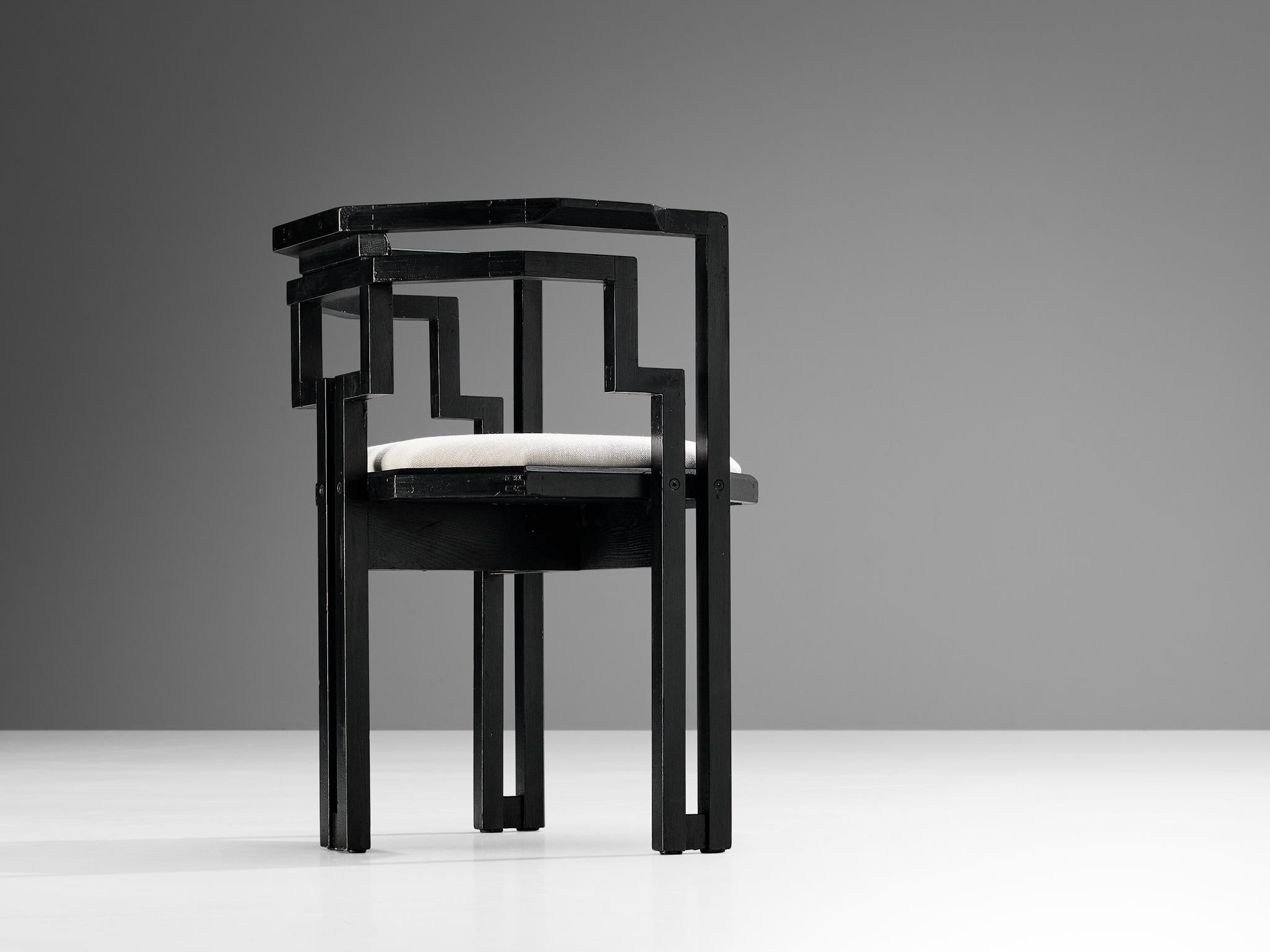 Fabric Italian Dining Chair in Black Lacquered Oak and White Upholstery