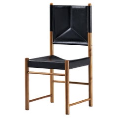 Italian Dining Chair in Black Leather and Walnut