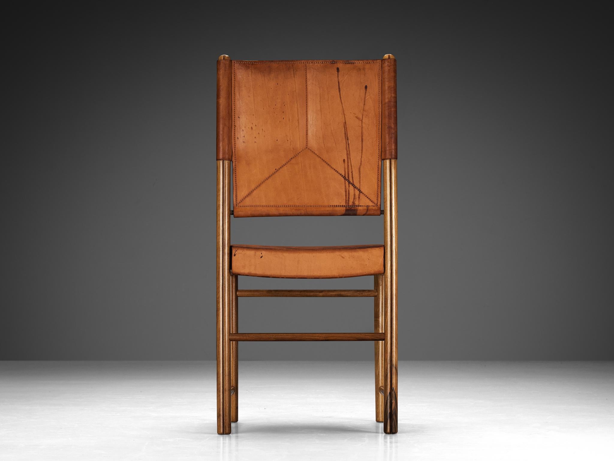 Italian Dining Chair in Cognac Saddle Leather and Walnut  For Sale 3