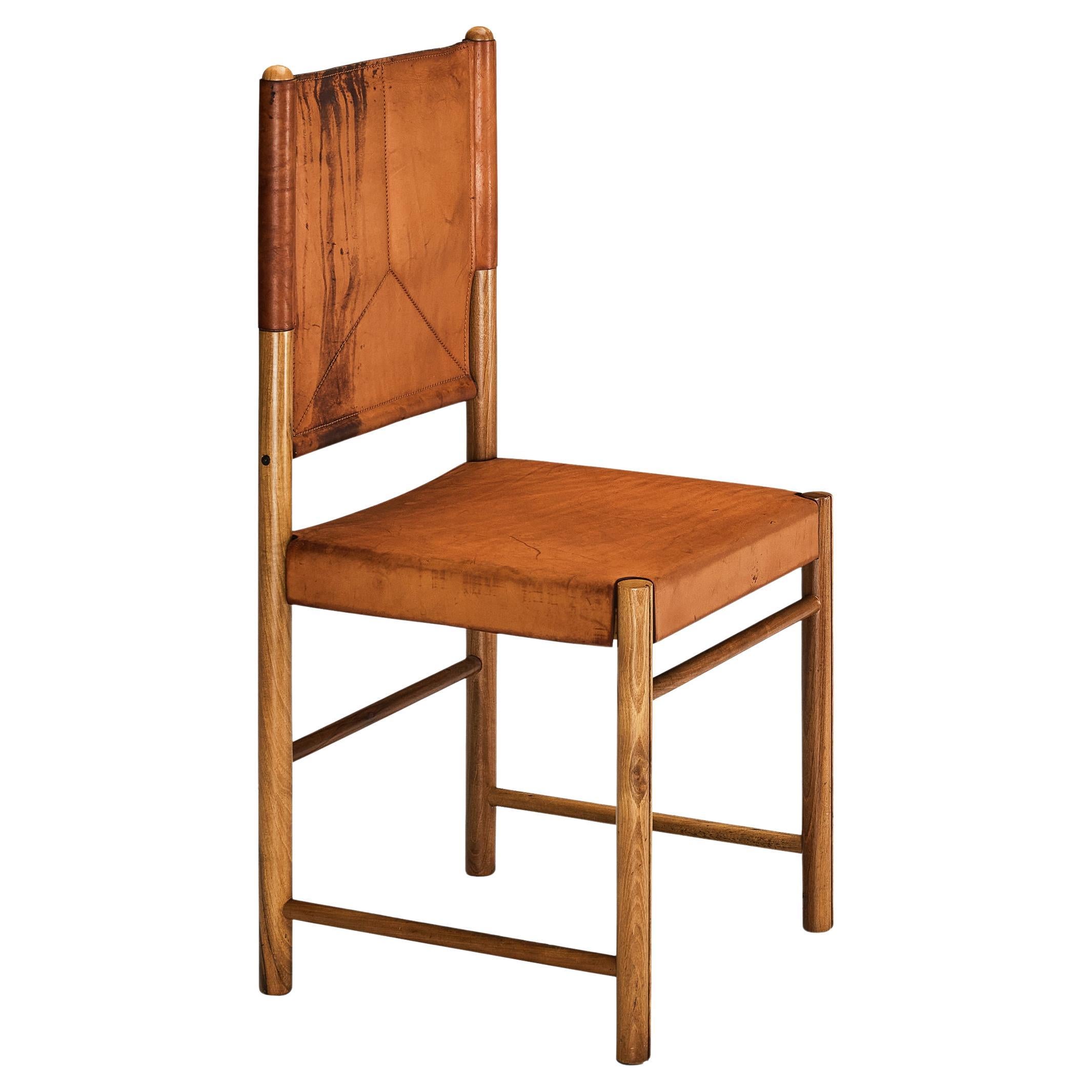 Italian Dining Chair in Cognac Saddle Leather and Walnut  For Sale