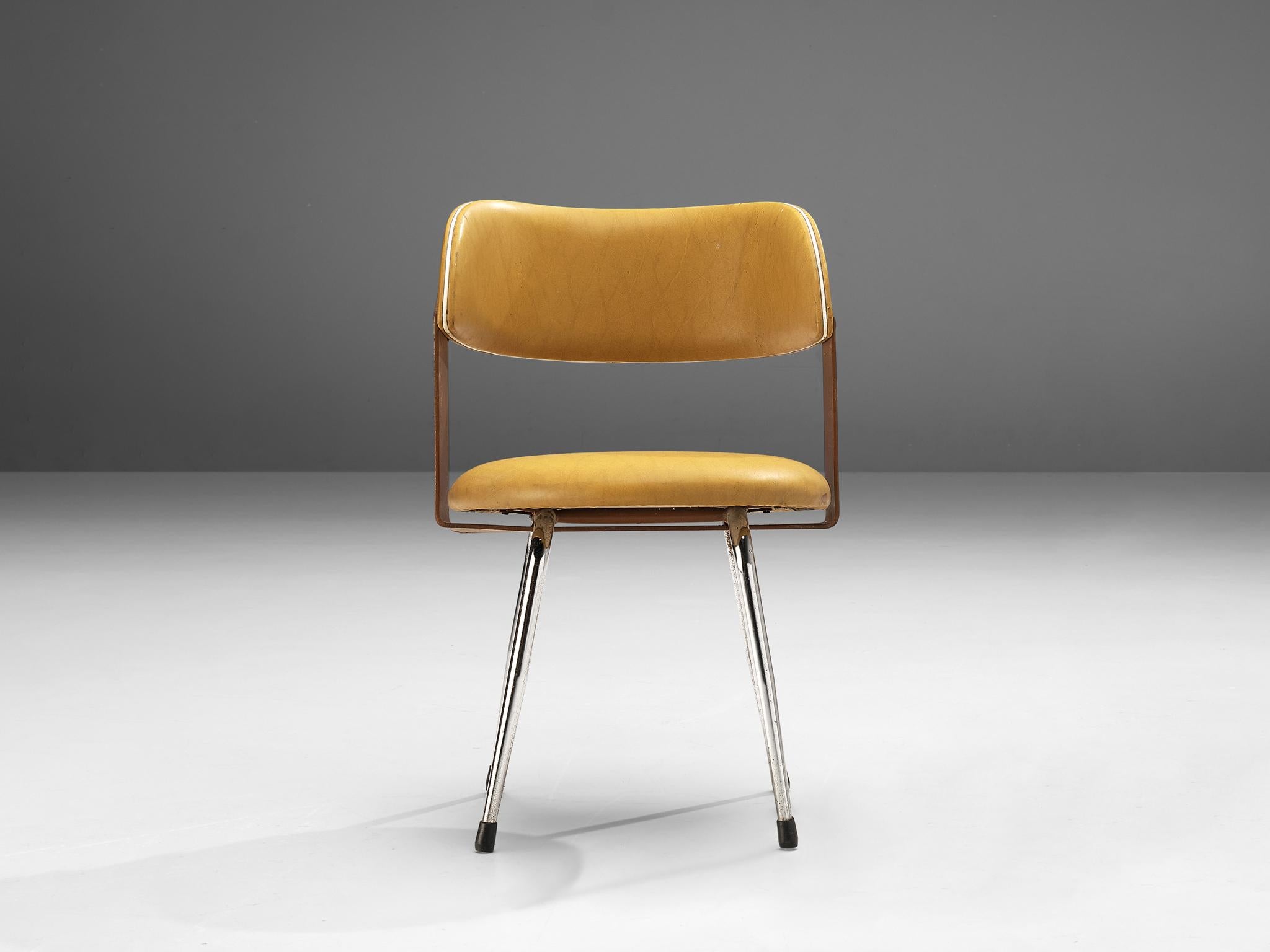 Mid-Century Modern Italian Dining Chair in Metal and Yellow Leatherette For Sale