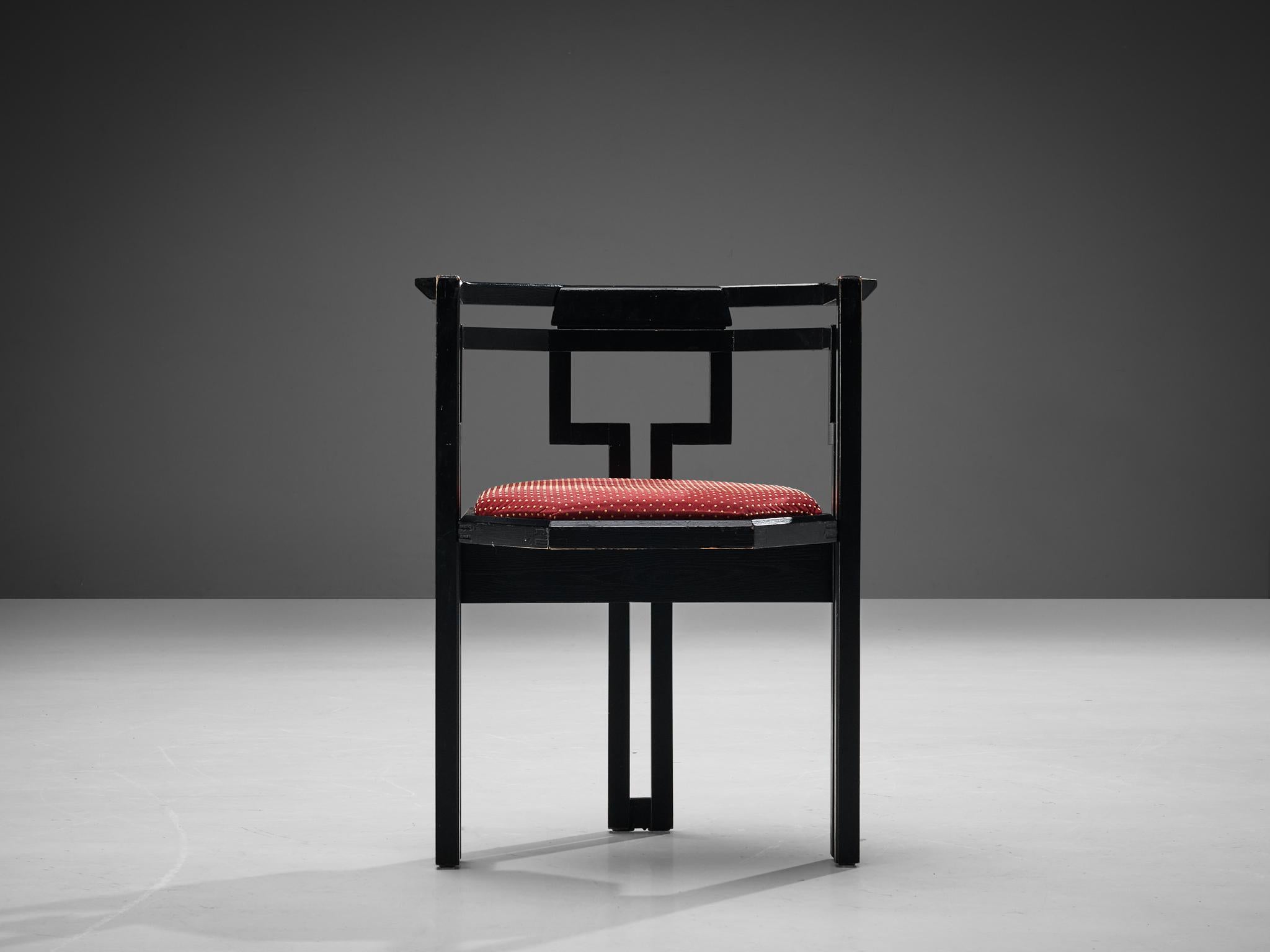Dining chairs, black lacquered oak, fabric, Italy, 1970s. 

Outstanding geometrical Italian armchair. This chair combines a sculptural design that is simple, but very strong in lines and proportions with a luxurious feeling thanks to the eccentric