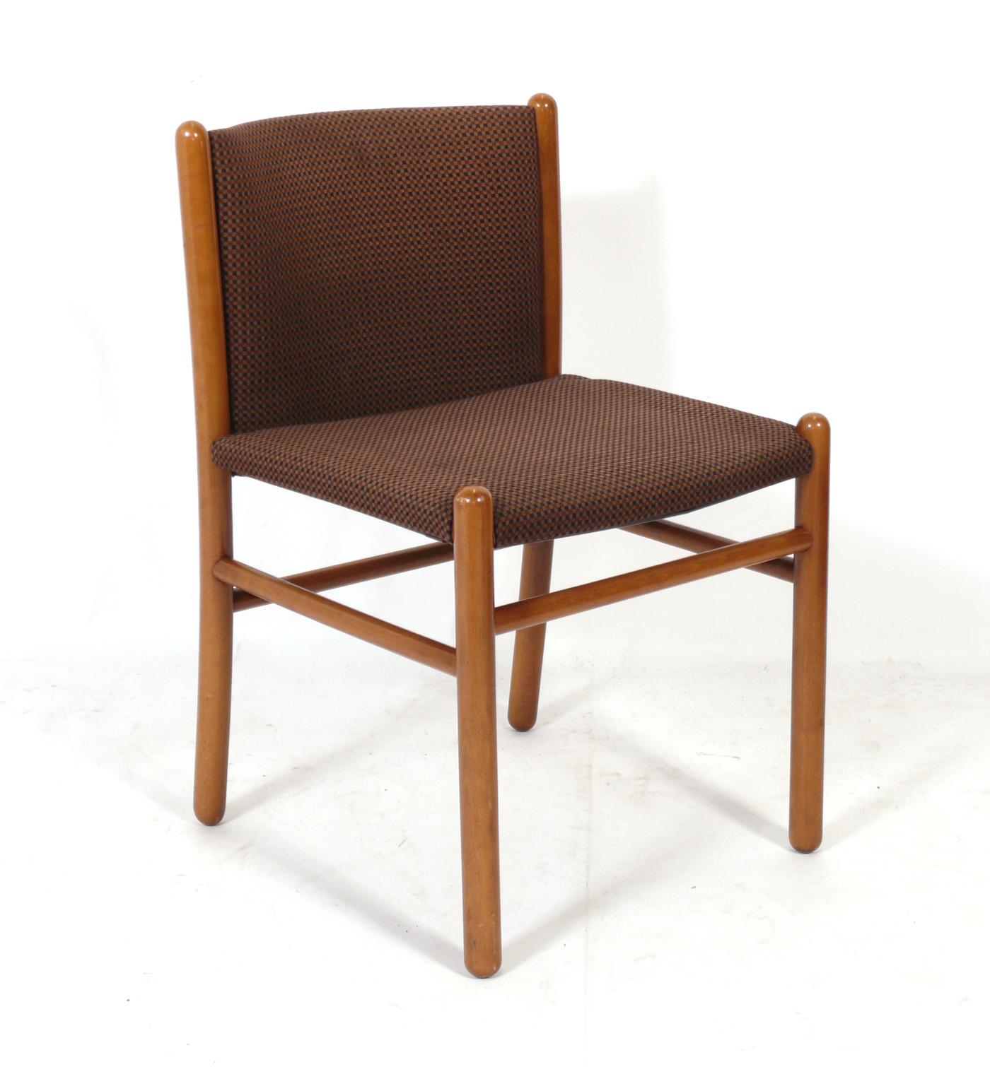 Set of Four Clean Lined Italian Dining Chairs, designed by Gianfranco Frattini for Lema S.P.A., Italian, circa 1960s. The chairs are currently being reupholstered and can be completed in your fabric. Simply send us 10 yards of your fabric after