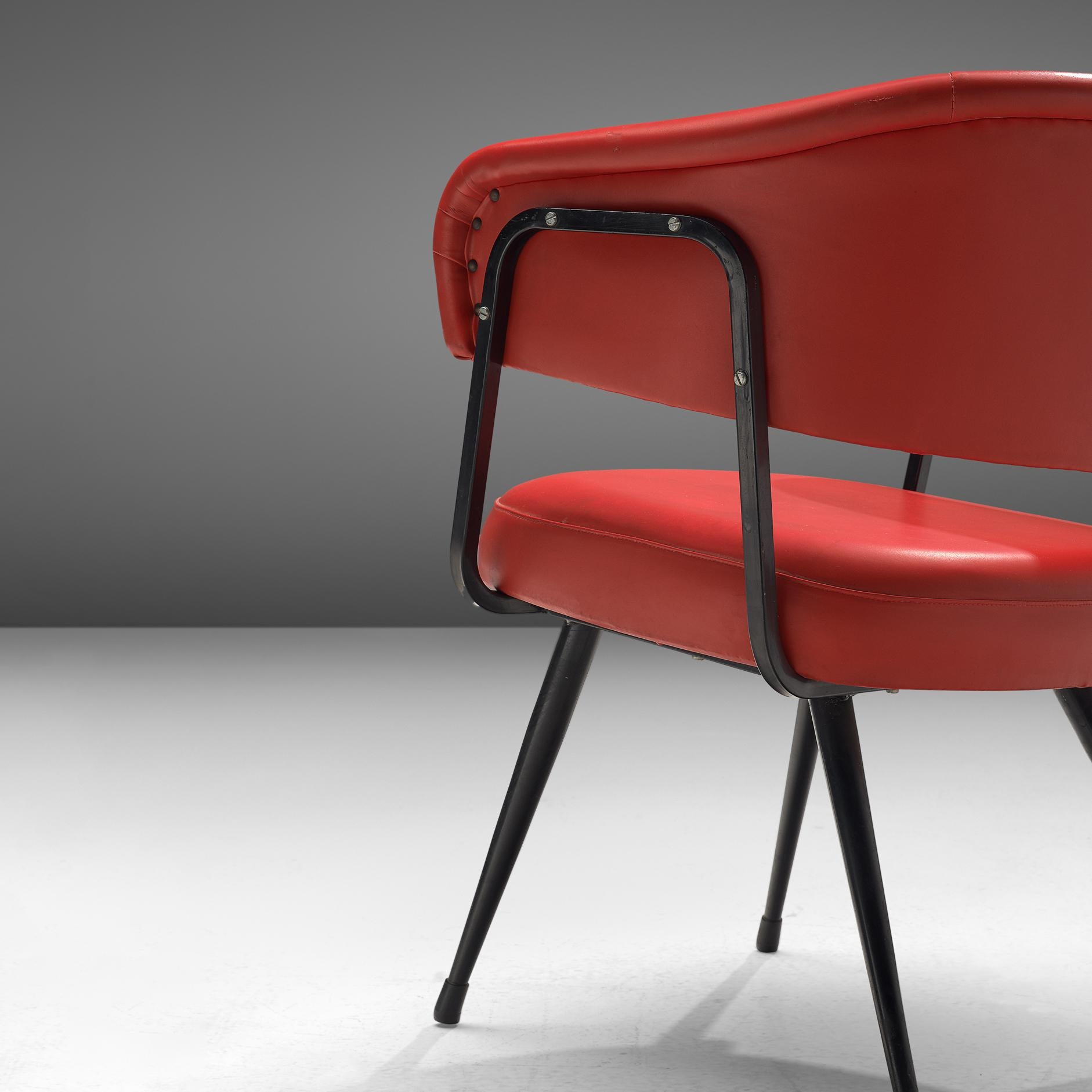 Mid-Century Modern Italian Dining Chairs in Metal and Red Leatherette