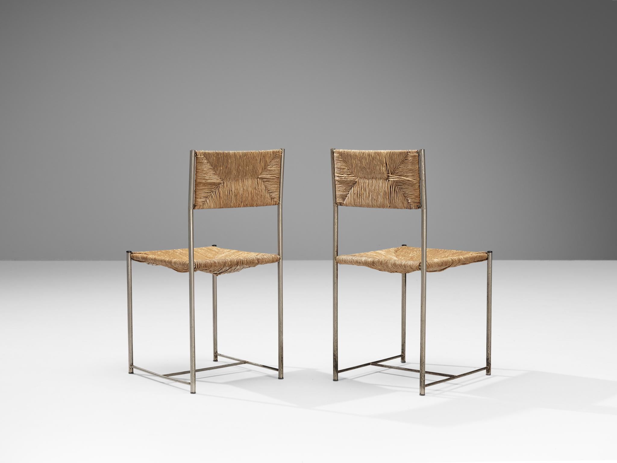 Post-Modern Italian Dining Chairs in Patinated Steel and Straw