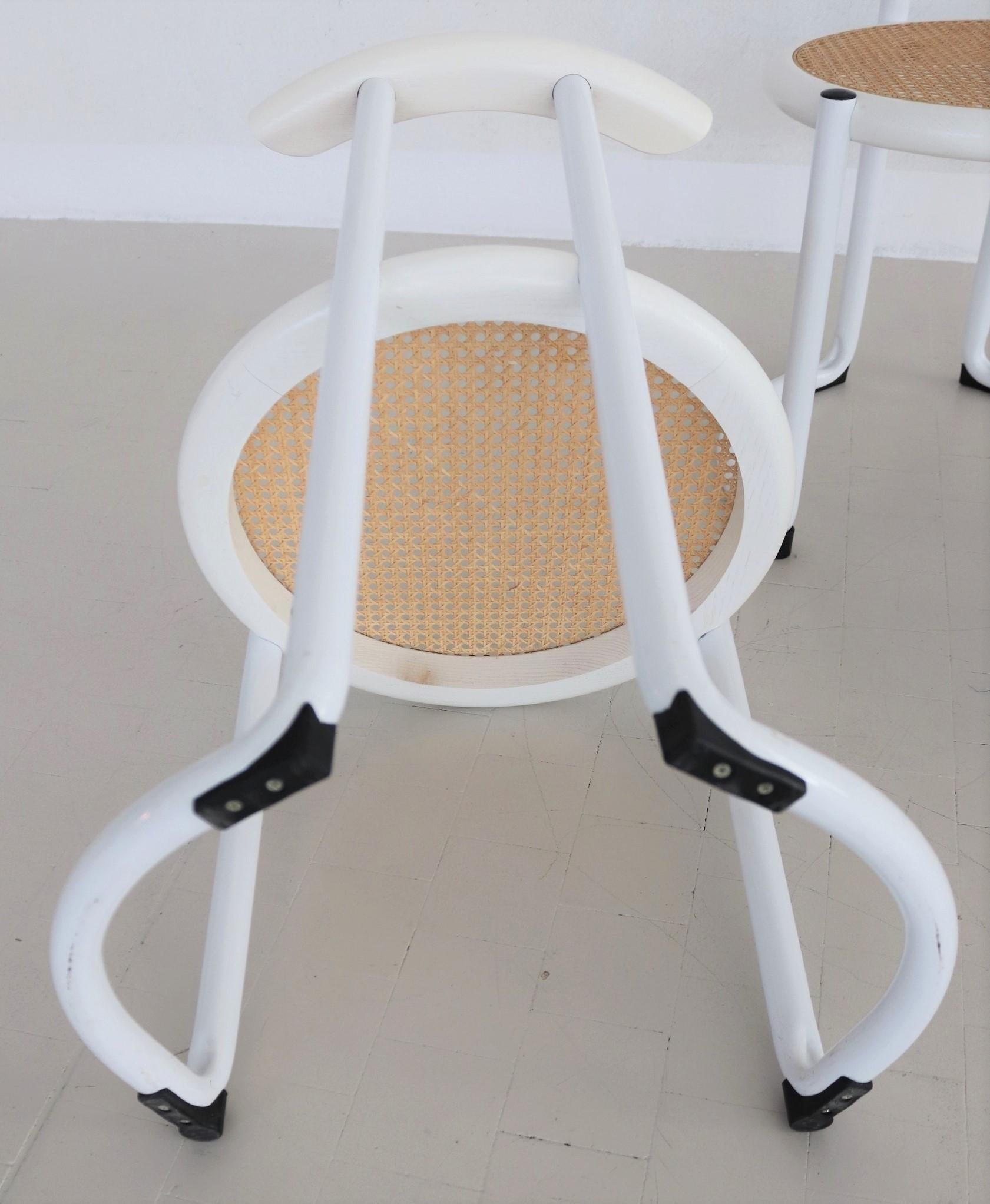 Italian Dining Chairs in White Tubular Metal, Wood and Cane, 1980s 9