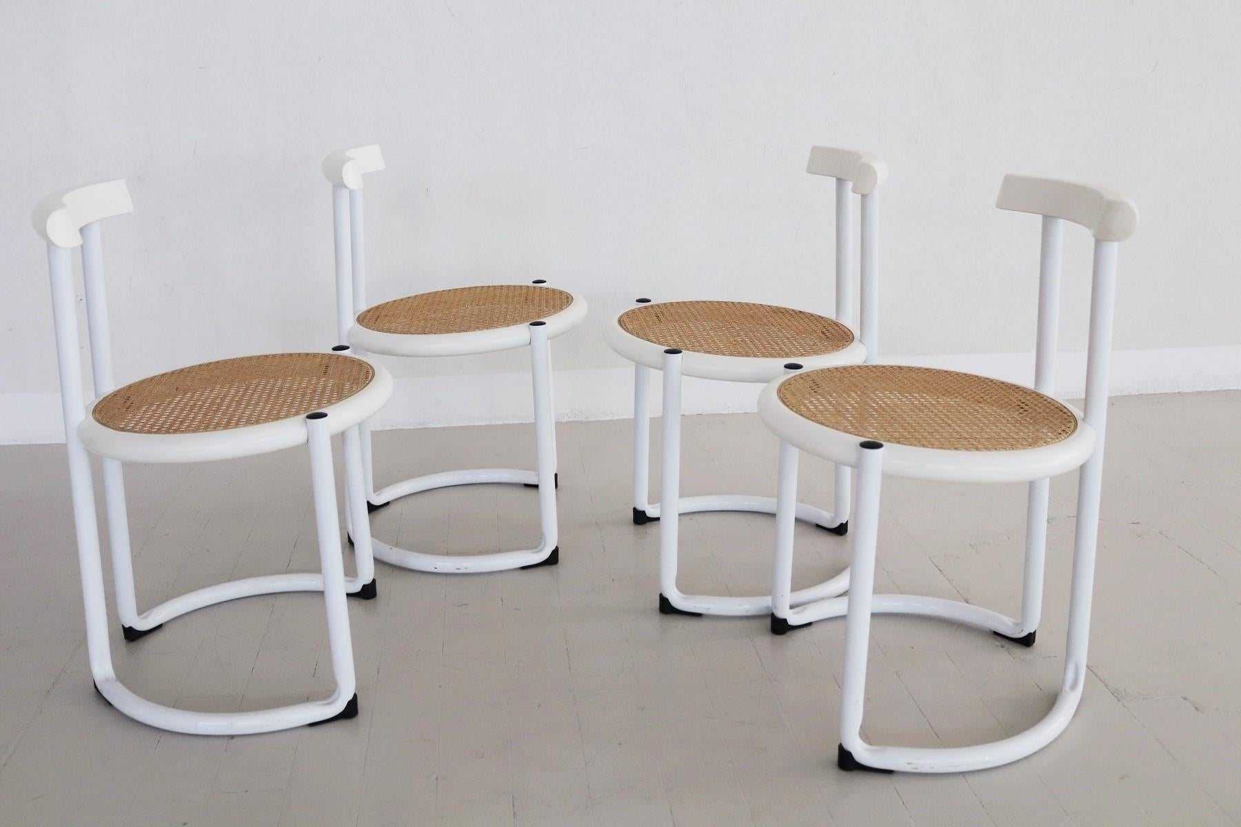 Italian Dining Chairs in White Tubular Metal, Wood and Cane, 1980s 1