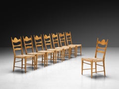 Italian Dining Chairs with Carved Backs and Straw Seats