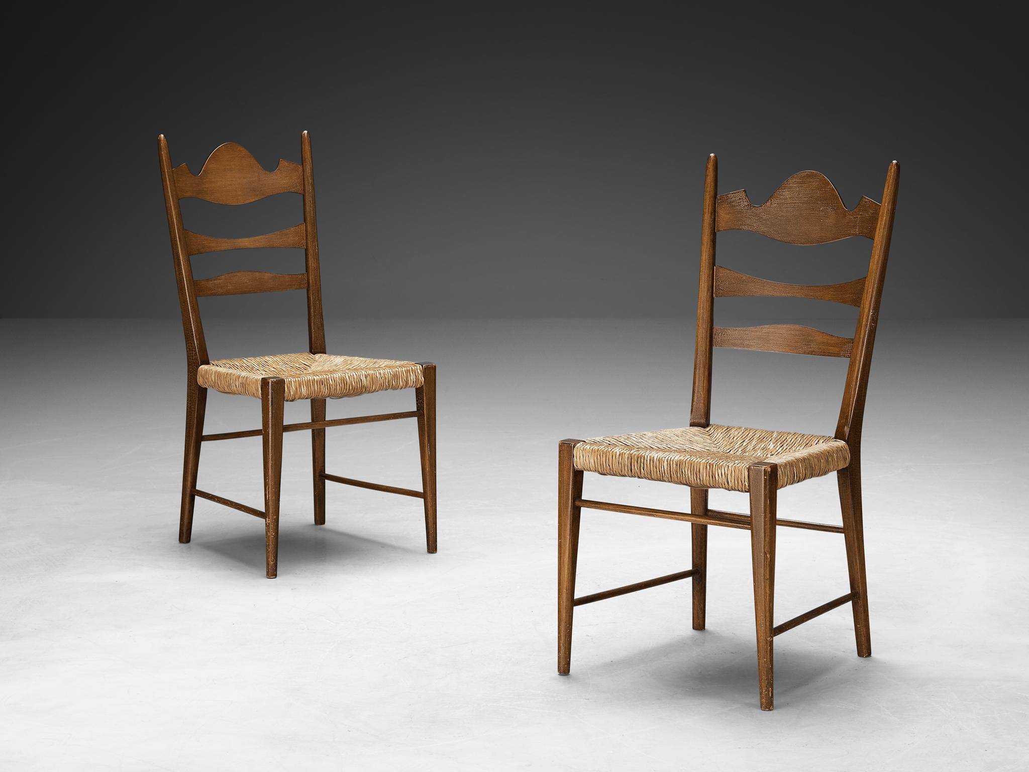 Mid-Century Modern Italian Dining Chairs with Carved Backs and Straw Seats  For Sale