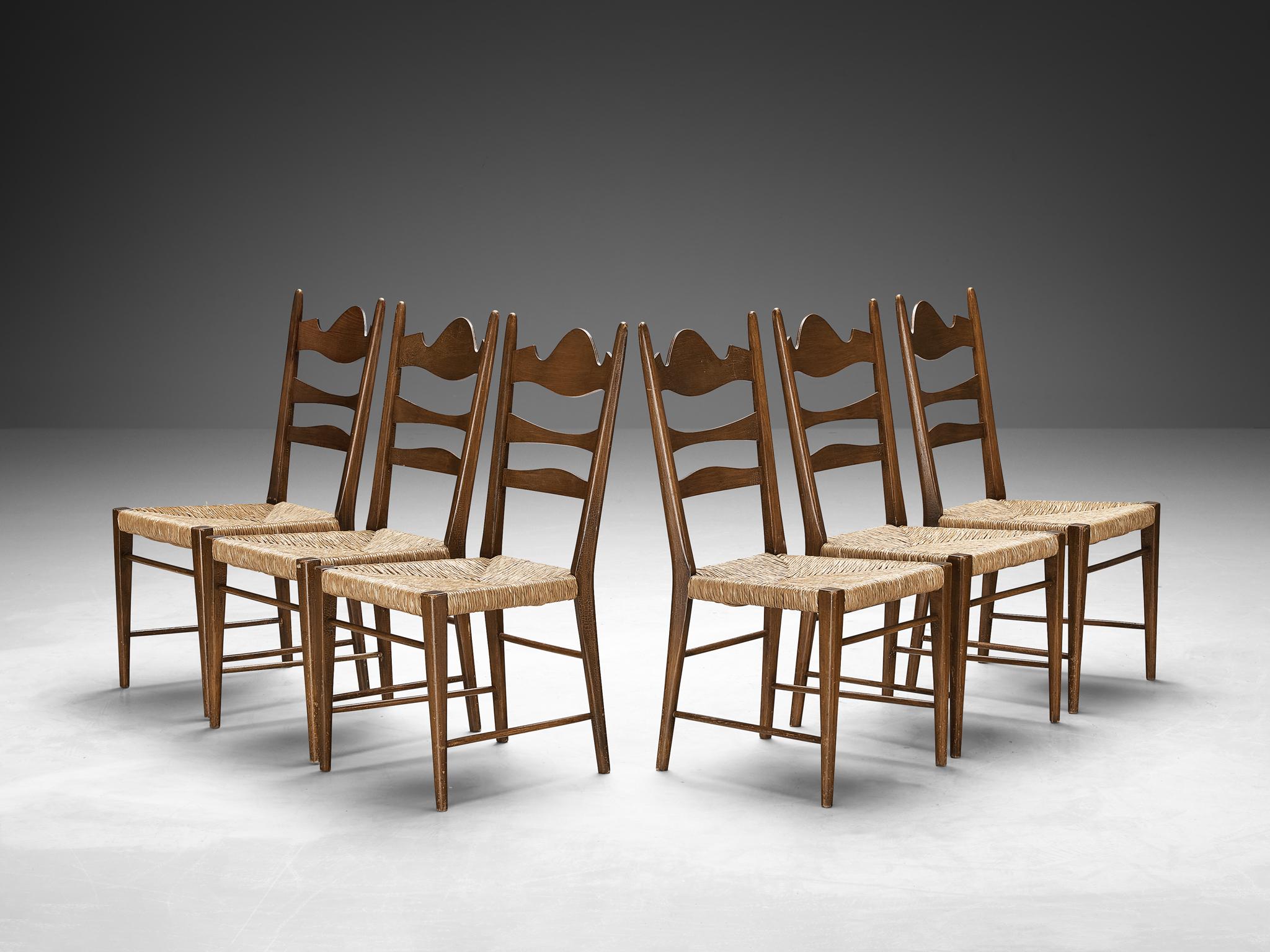 Italian Dining Chairs with Carved Backs and Straw Seats  For Sale 1