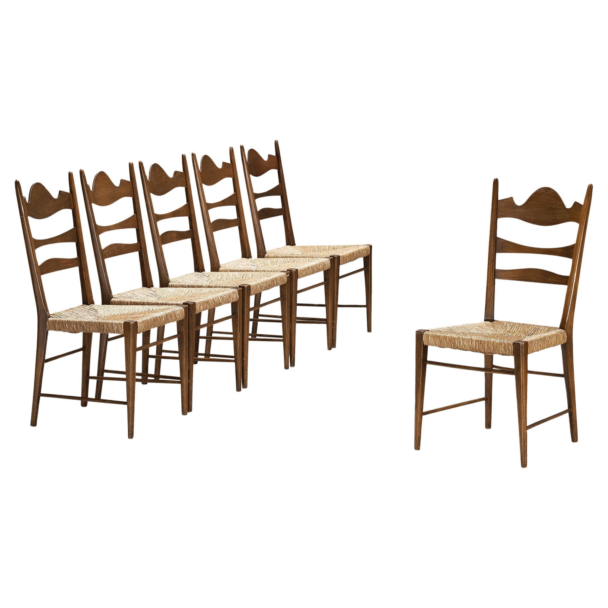 Italian Dining Chairs with Carved Backs and Straw Seats  For Sale