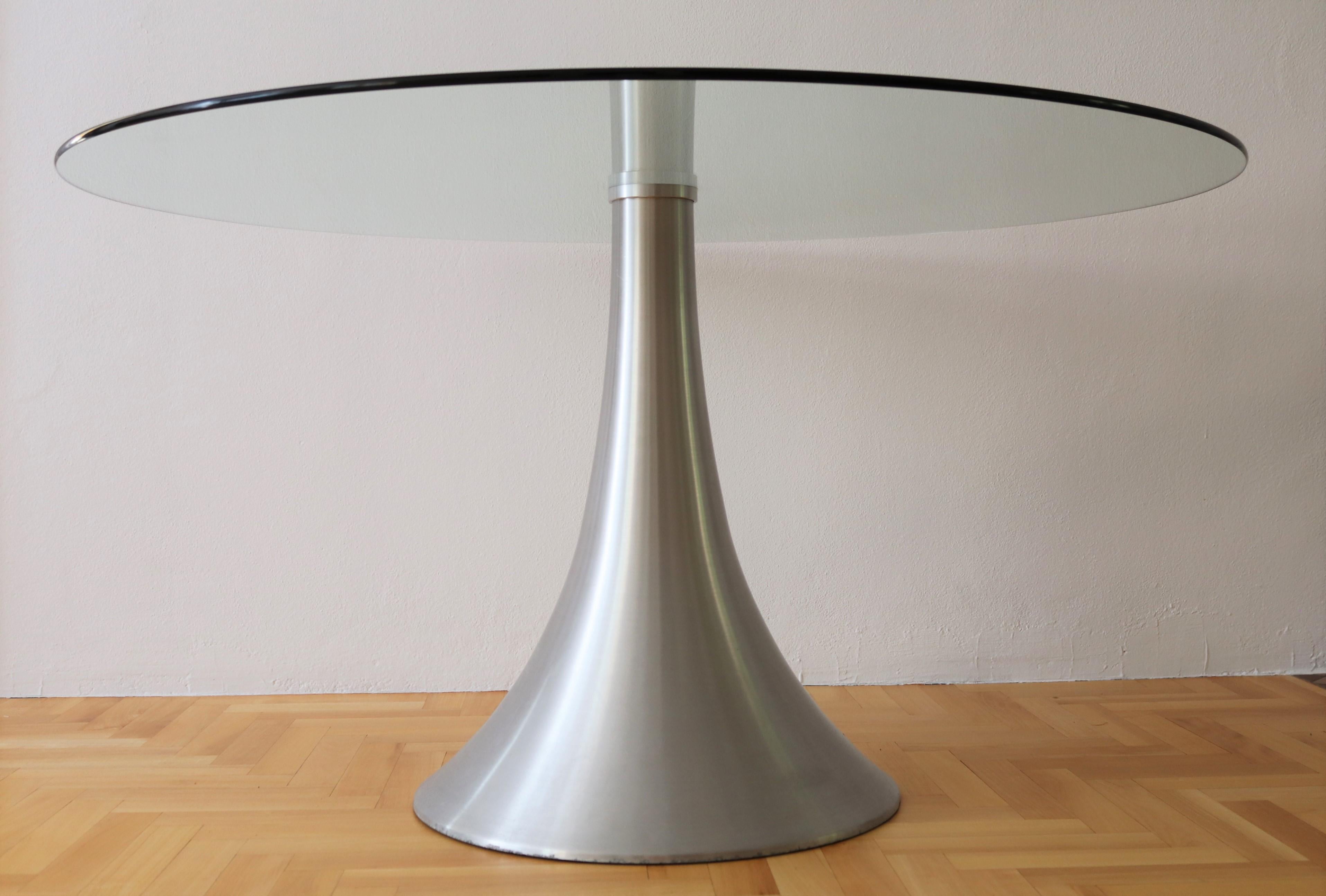 Aluminum Italian Dining or Center Table with Tulip Base and Glass Top, 1970s