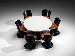 Italian Dining Set in Black Coated Wood and Patterned Orange Upholstery