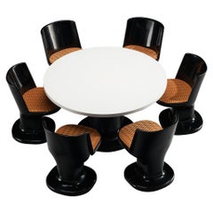 Italian Dining Set in Black Coated Wood and Patterned Orange Upholstery