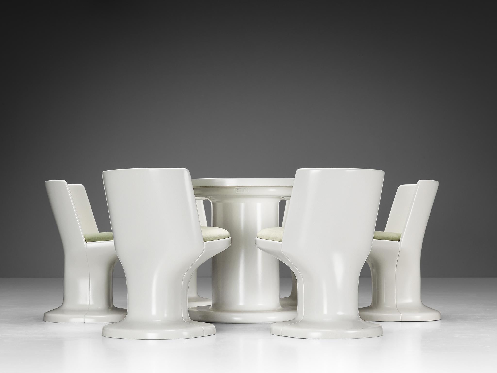 Post-Modern Italian Dining Set in White Coated Wood and Pastel Green Upholstery  For Sale