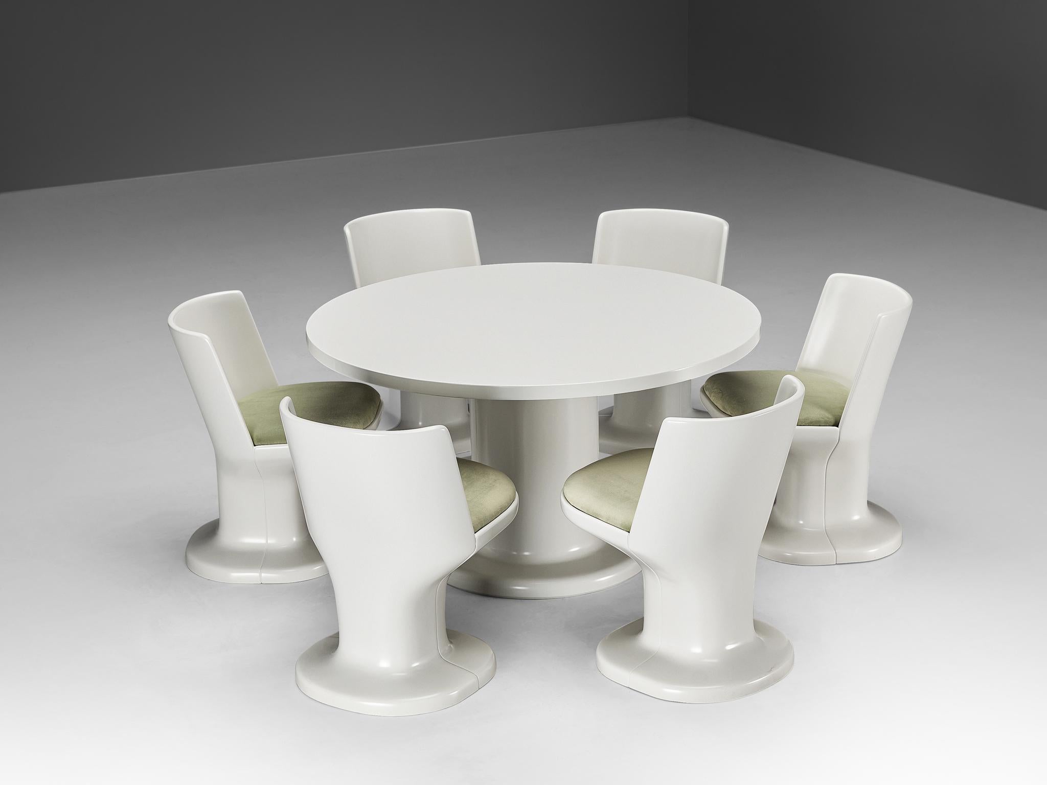 Fabric Italian Dining Set in White Coated Wood and Pastel Green Upholstery  For Sale