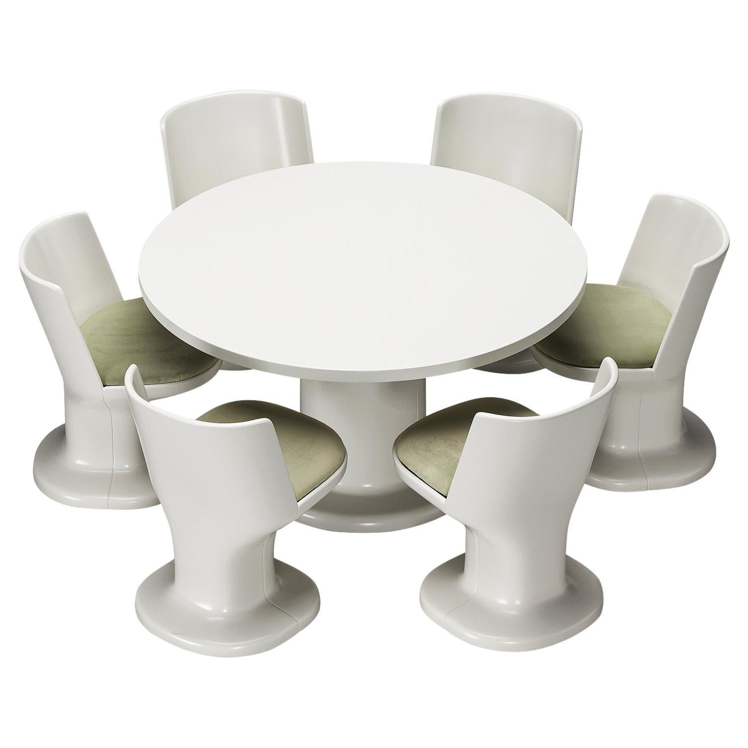 Italian Dining Set in White Coated Wood and Pastel Green Upholstery  For Sale