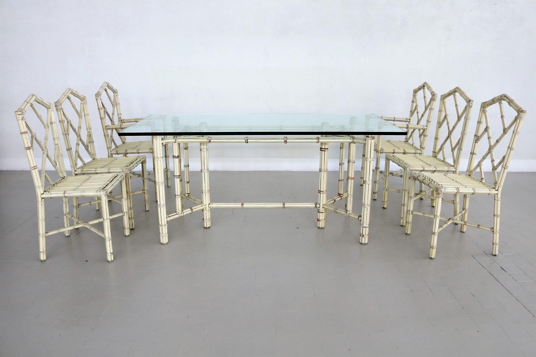 Six chaises de salle à manger italiennes du milieu du siècle dernier en bambou verni et cuir, années 1970 en vente 8