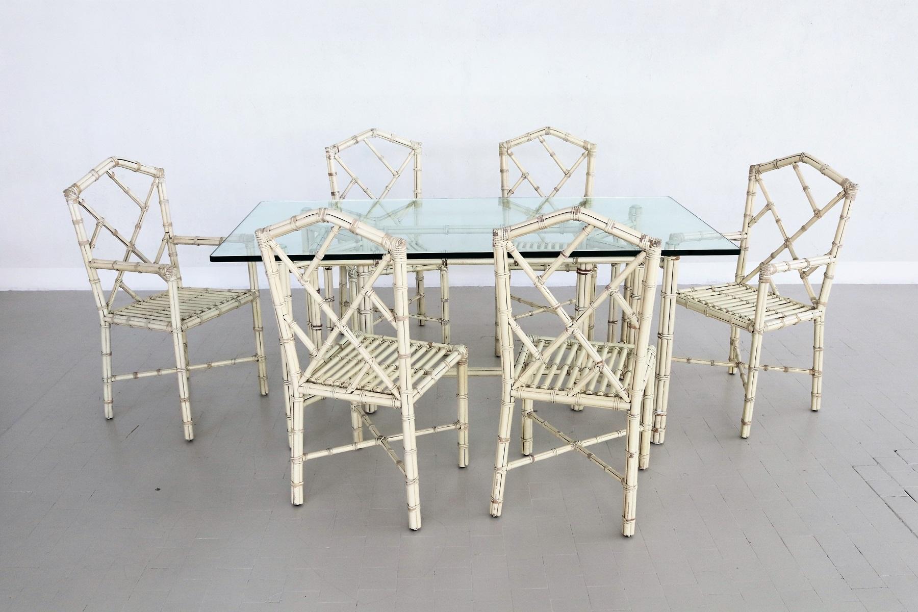 Six Italian Midcentury Dining Chairs in Varnished Bamboo and Leather, 1970s For Sale 8