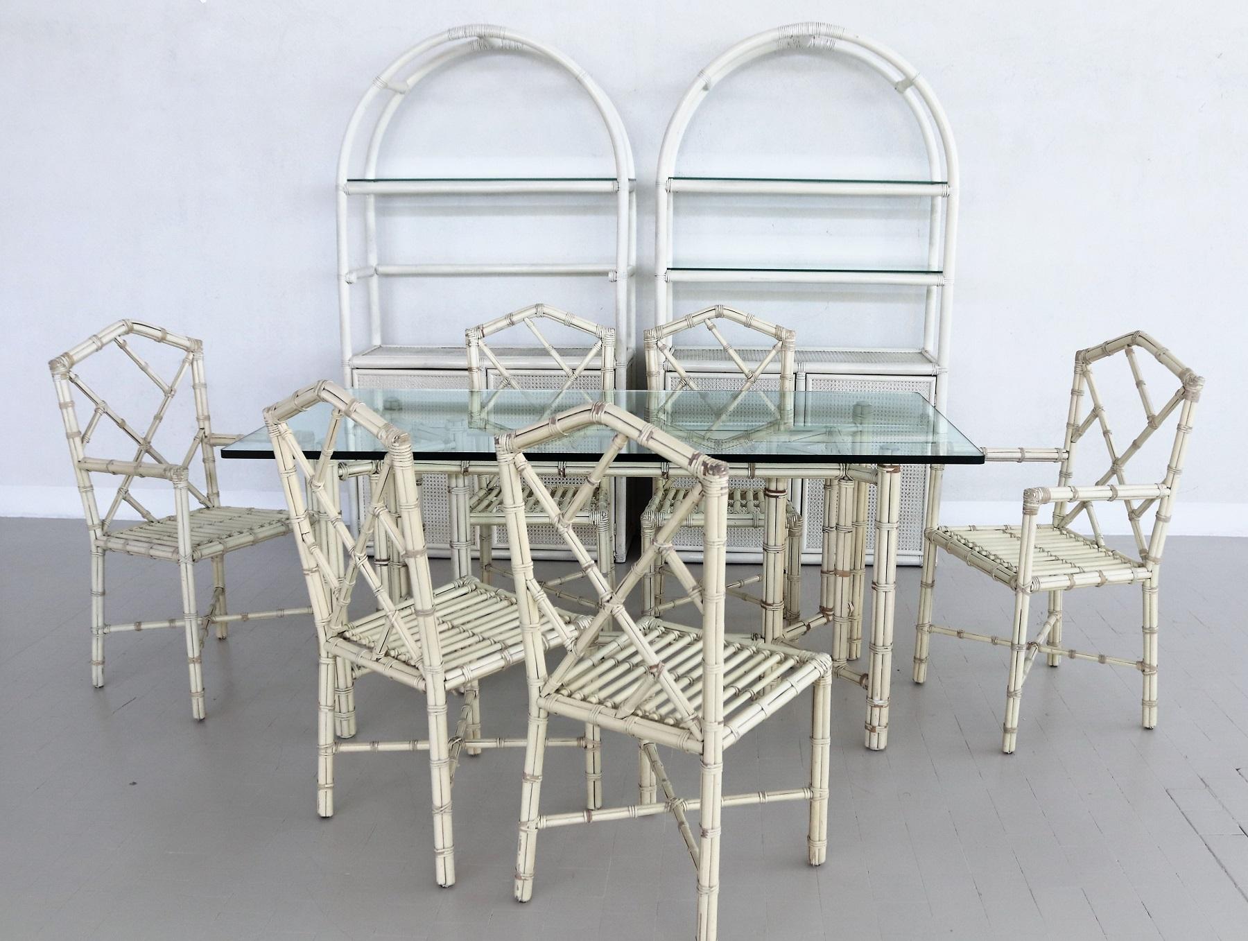 Six Italian Midcentury Dining Chairs in Varnished Bamboo and Leather, 1970s For Sale 11