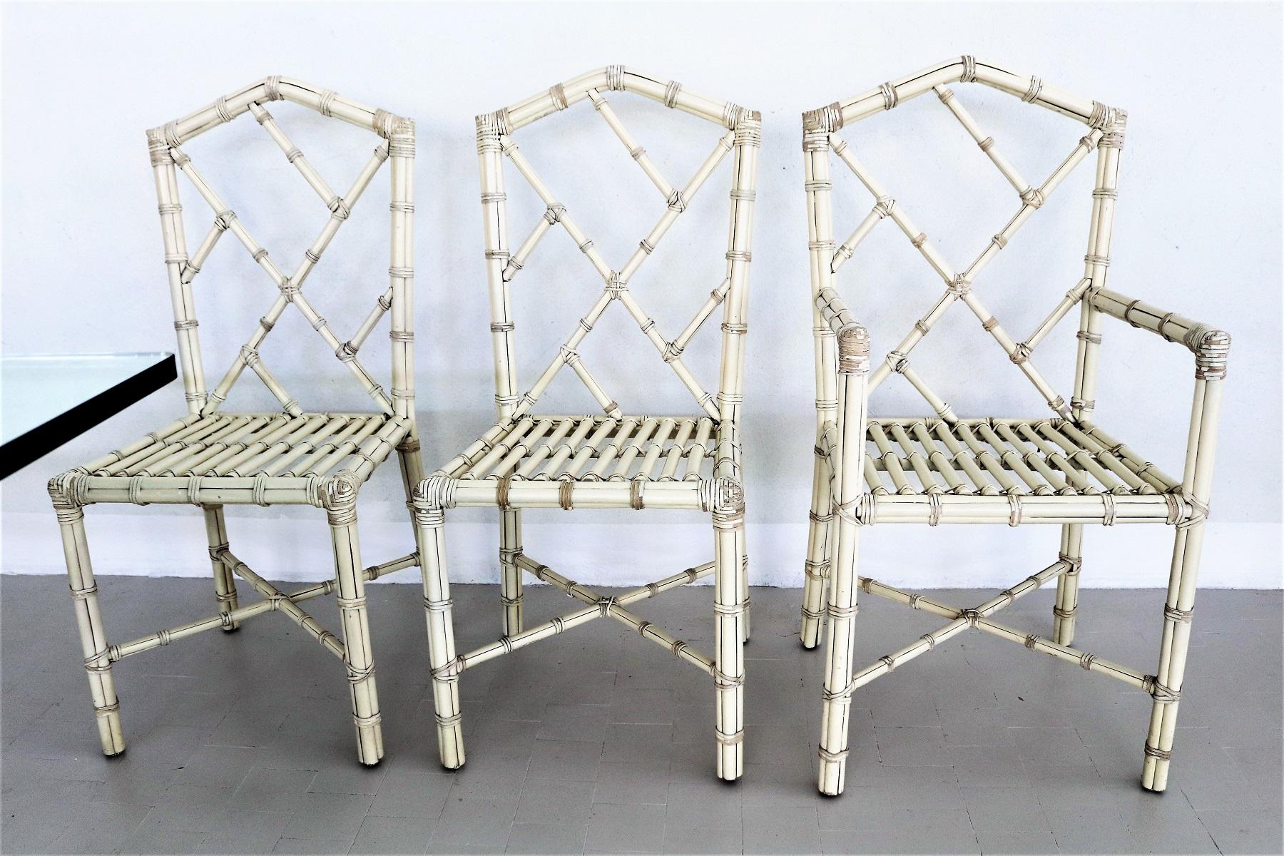 Métal Six chaises de salle à manger italiennes du milieu du siècle dernier en bambou verni et cuir, années 1970 en vente