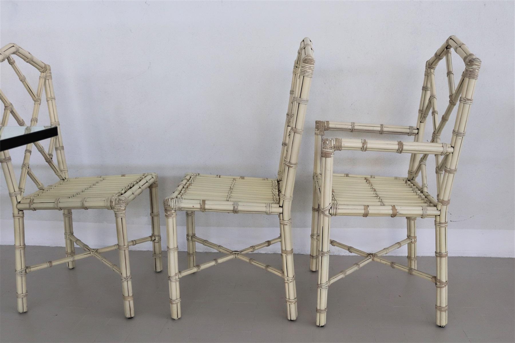 Six chaises de salle à manger italiennes du milieu du siècle dernier en bambou verni et cuir, années 1970 en vente 1