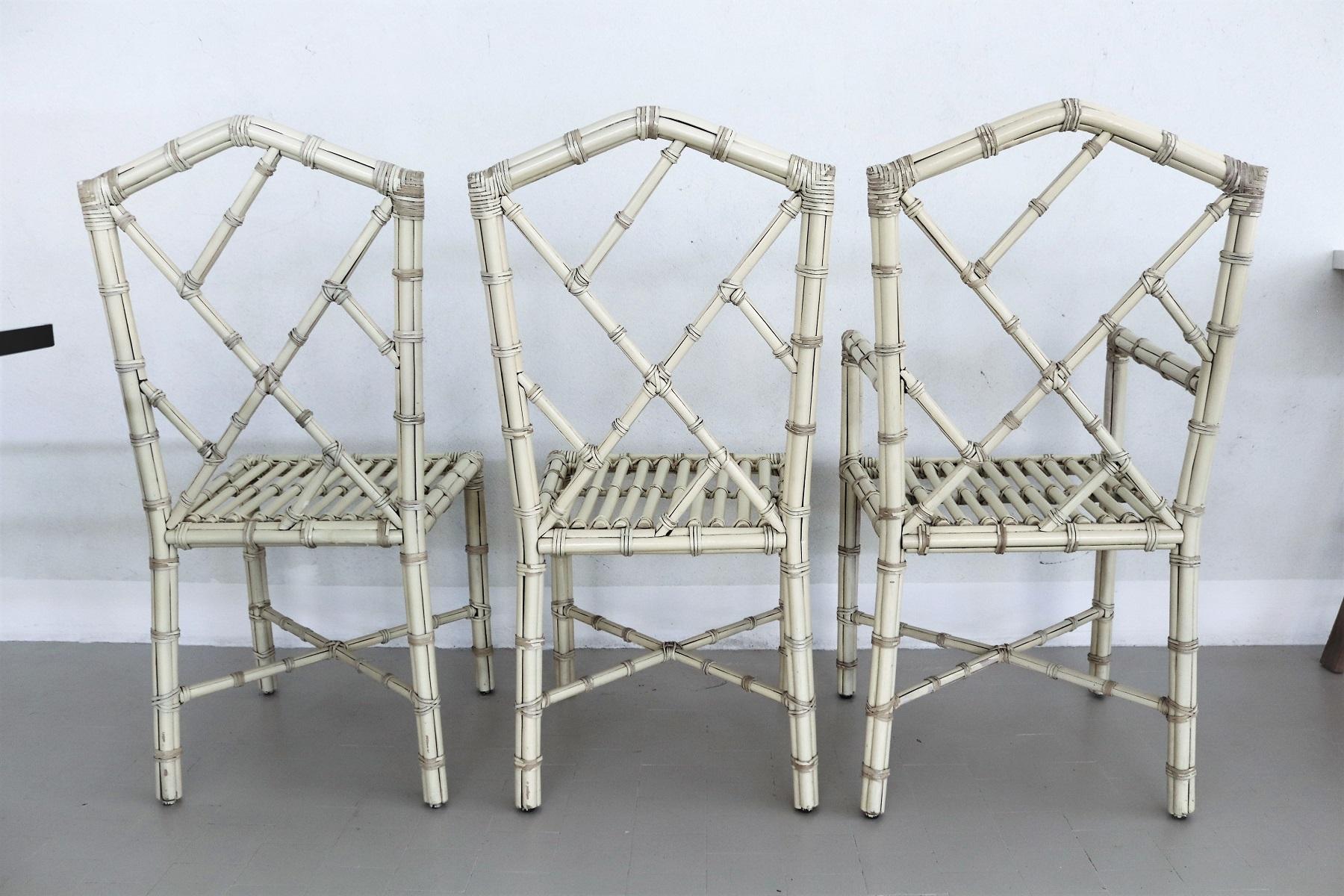 Six chaises de salle à manger italiennes du milieu du siècle dernier en bambou verni et cuir, années 1970 en vente 2