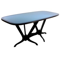 Italian Midcentury Dining Table With Original Blue Glass Top