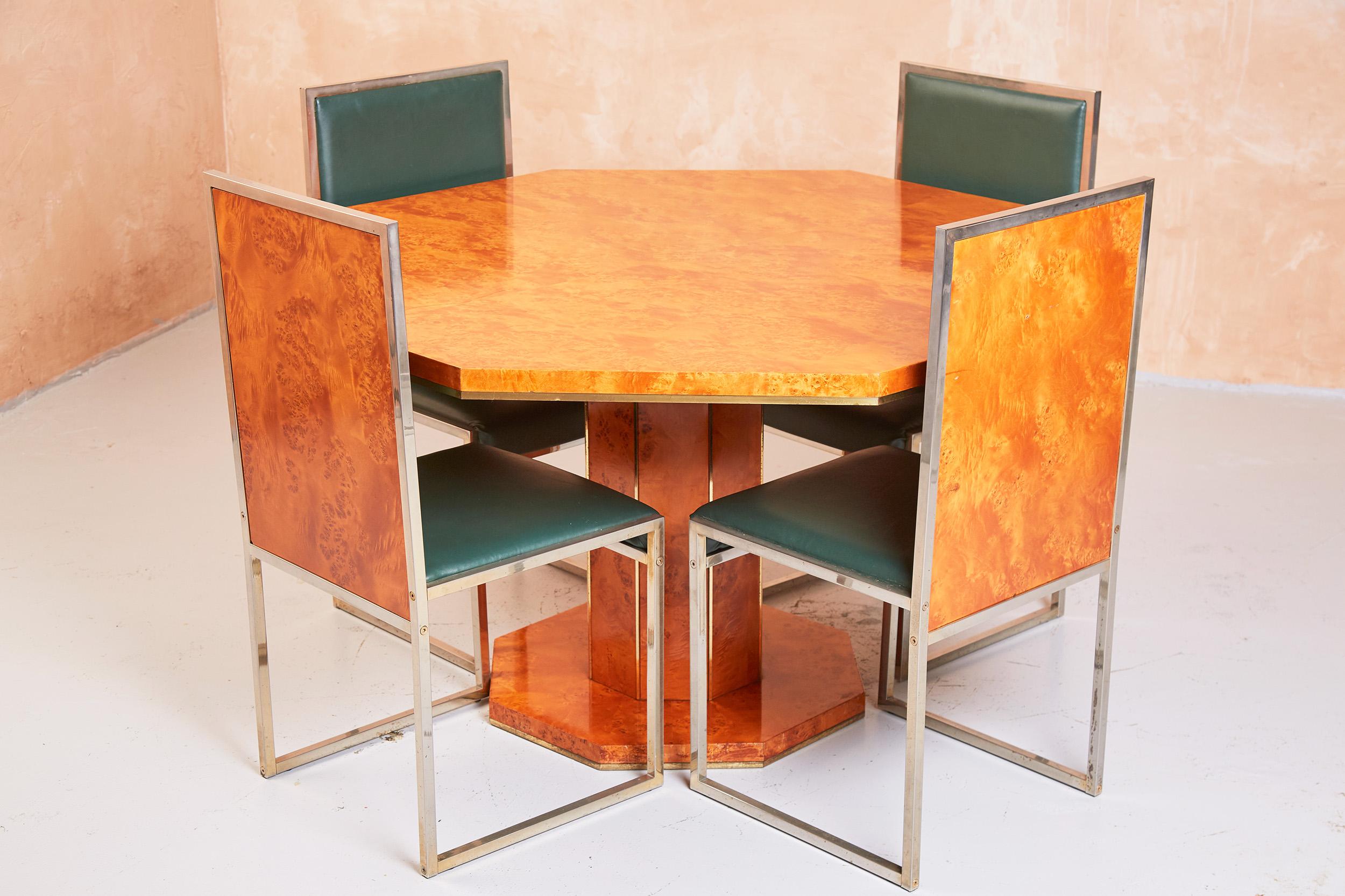 Octagonal burr maple table with brass accents and four brass chairs with green leather upholstery and maple seat backs.

Made by Fratelli Oresnigo in Italy in the 1970s, imported to the UK when purchased new.
 