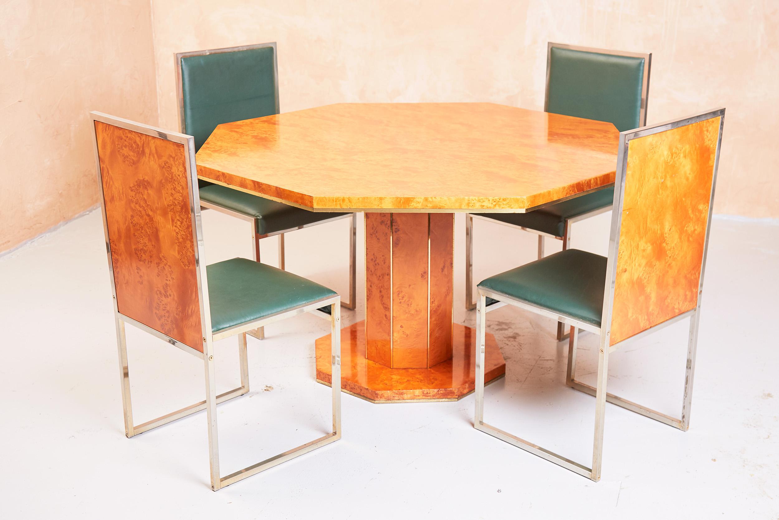 Polished Italian Art Deco Dining Table and Chairs by Fratelli Orsenigo in Maple and Brass