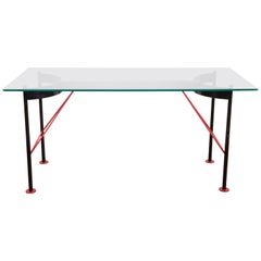 Italian Dining Table Black and Red Lacquered Steel with a Glass Top, 1980s